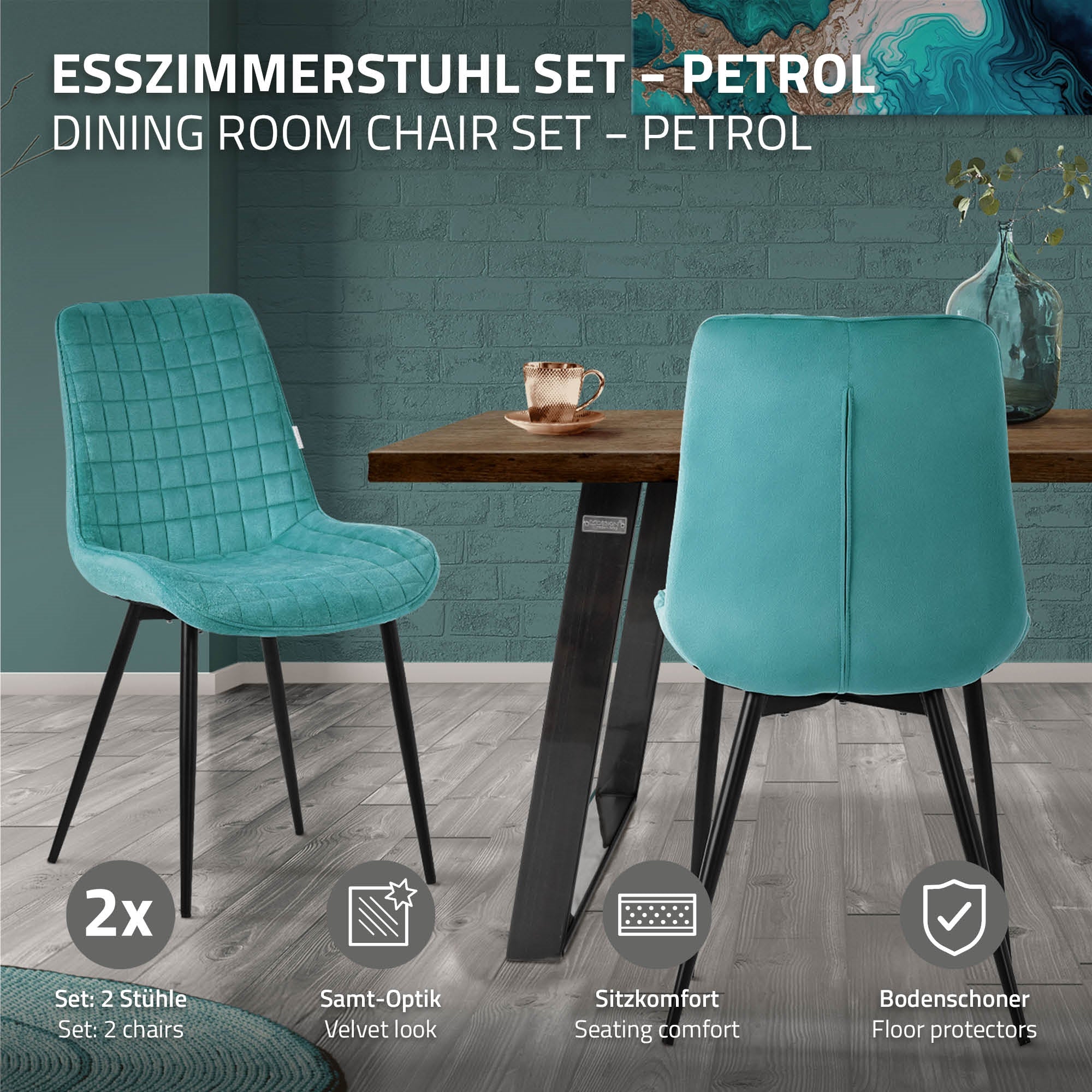 Esszimmerstuhl in Petrol, präsentiert mit einem Tisch.