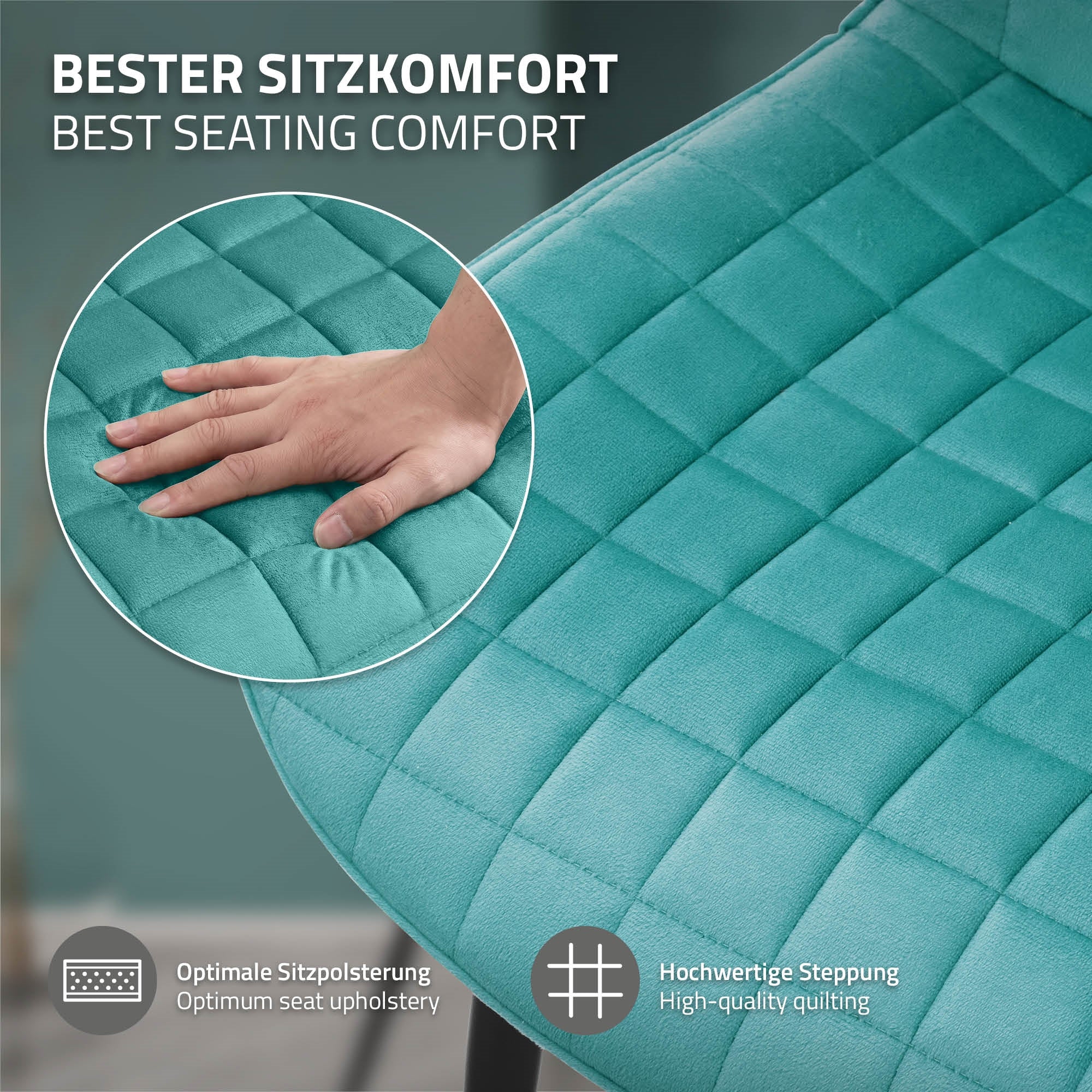 Nahaufnahme eines grünen Stuhls mit gepolsterter Sitzfläche und Steppung.