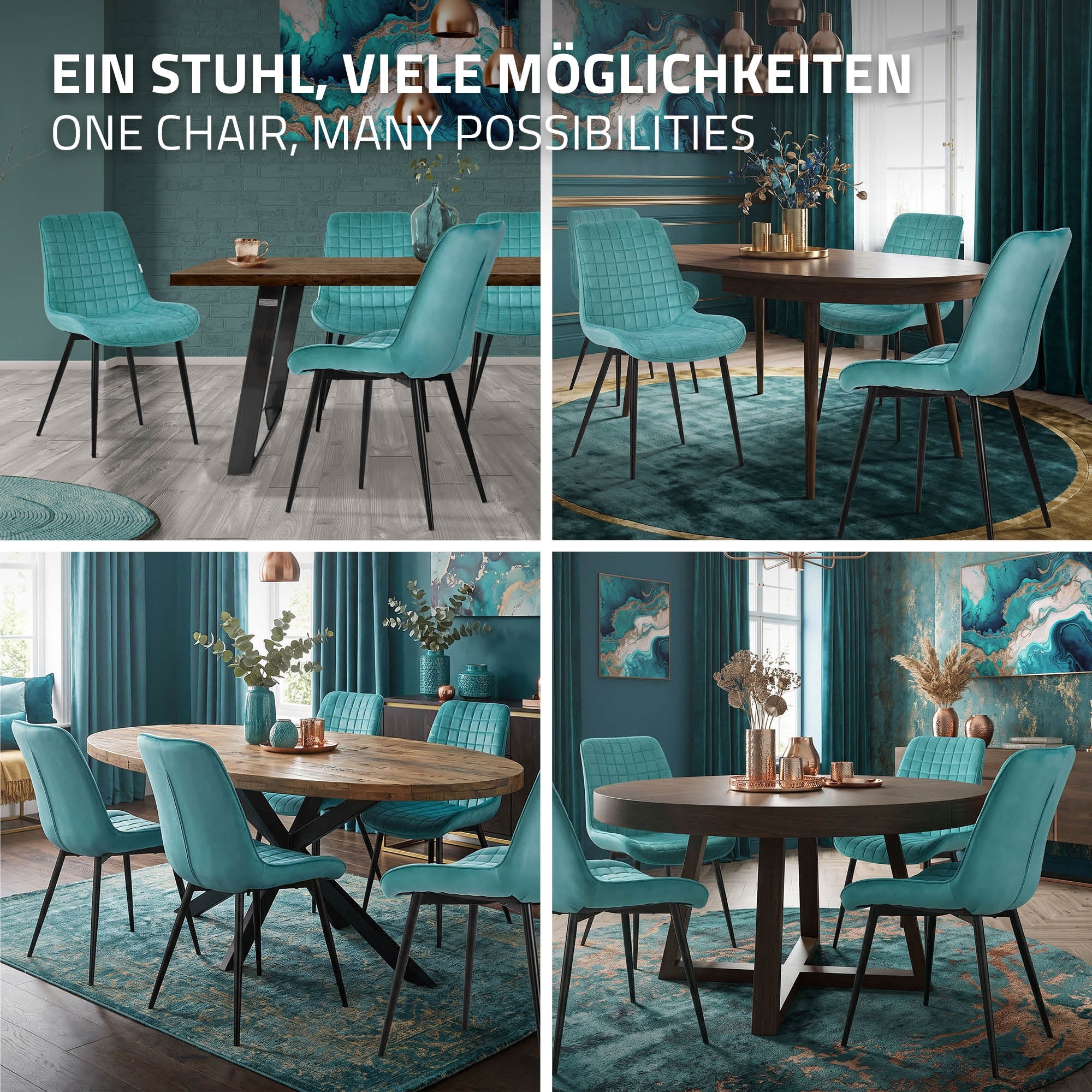 Ein Esszimmer mit türkisfarbenen Stühlen und einem runden Tisch.
