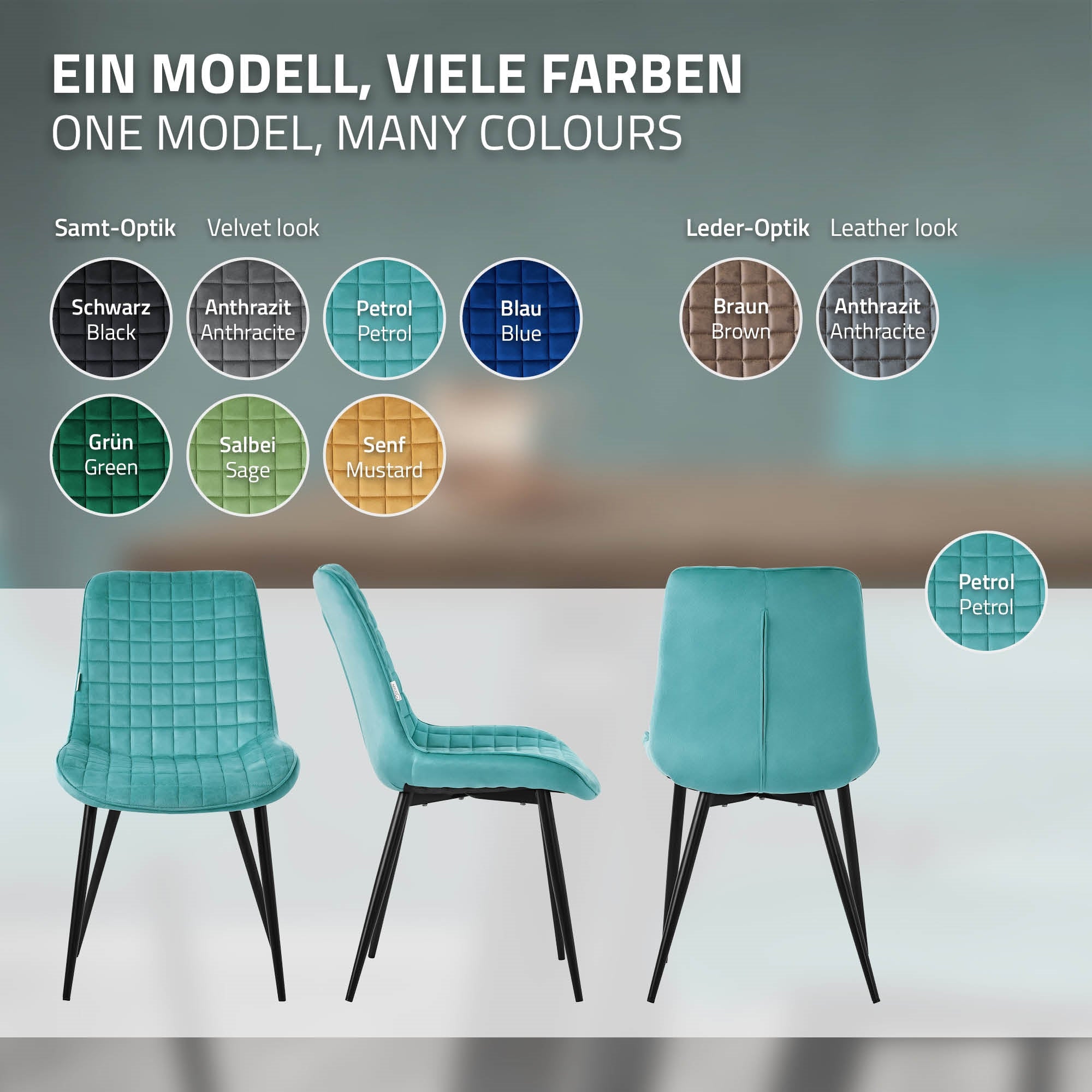 Stuhlmodell in verschiedenen Farben, gezeigt von vorne und hinten.