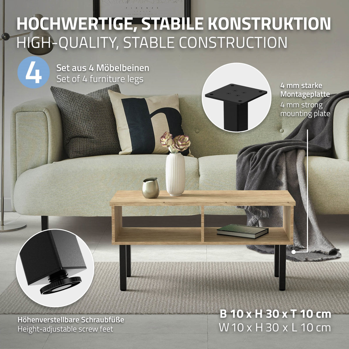 Ein Wohnzimmer mit Möbeln und einem Fokus auf stabile Konstruktion.