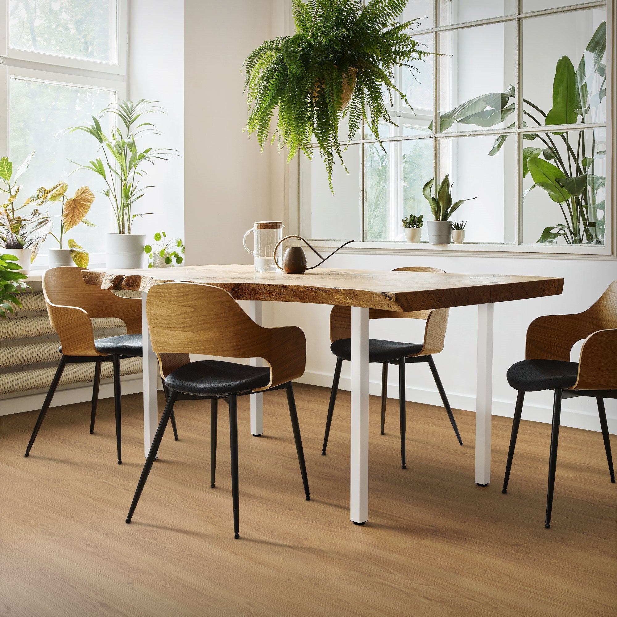 Dining area with a wooden table and four chairs, large windows with plants.