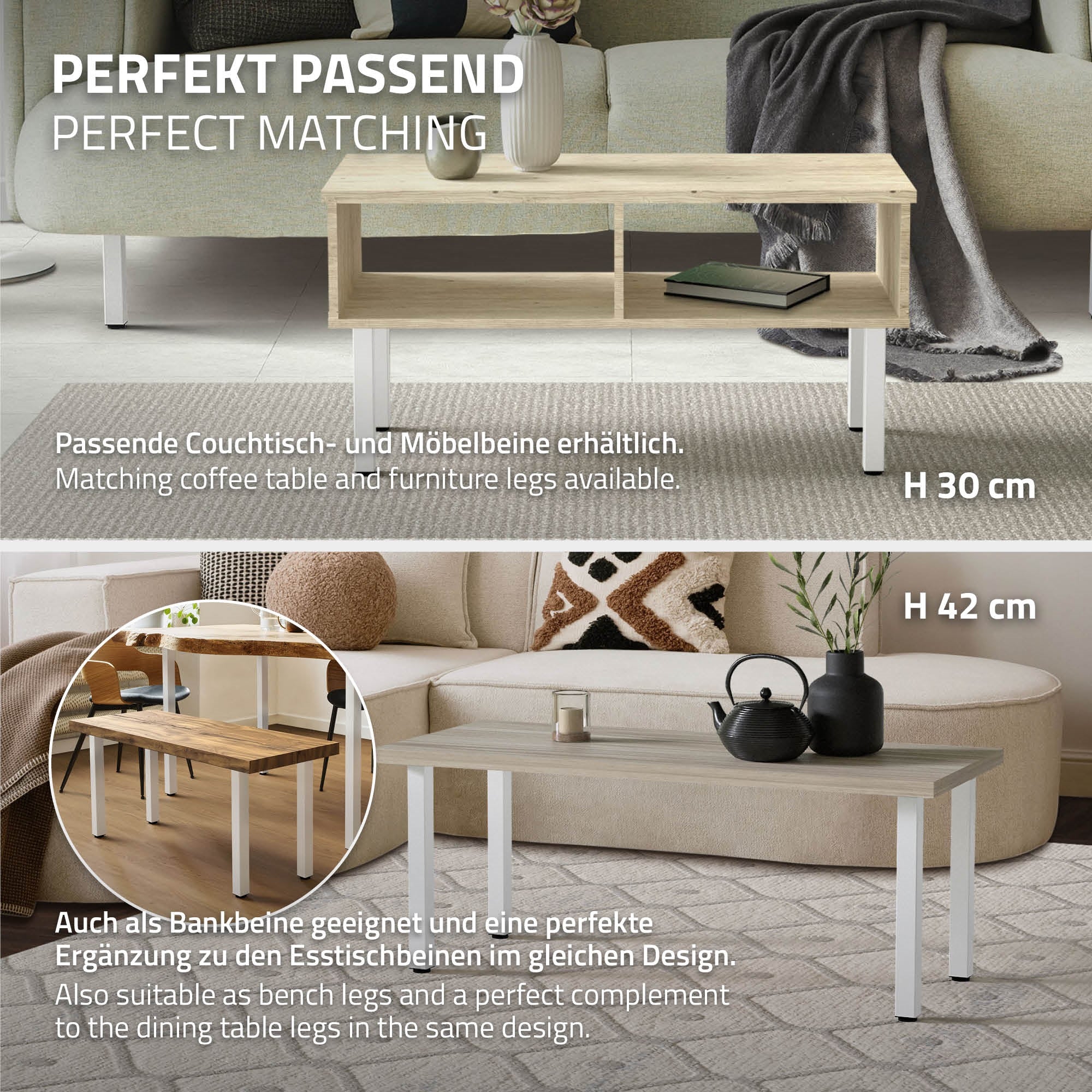 Two tables at different heights, matching furniture in the same design.