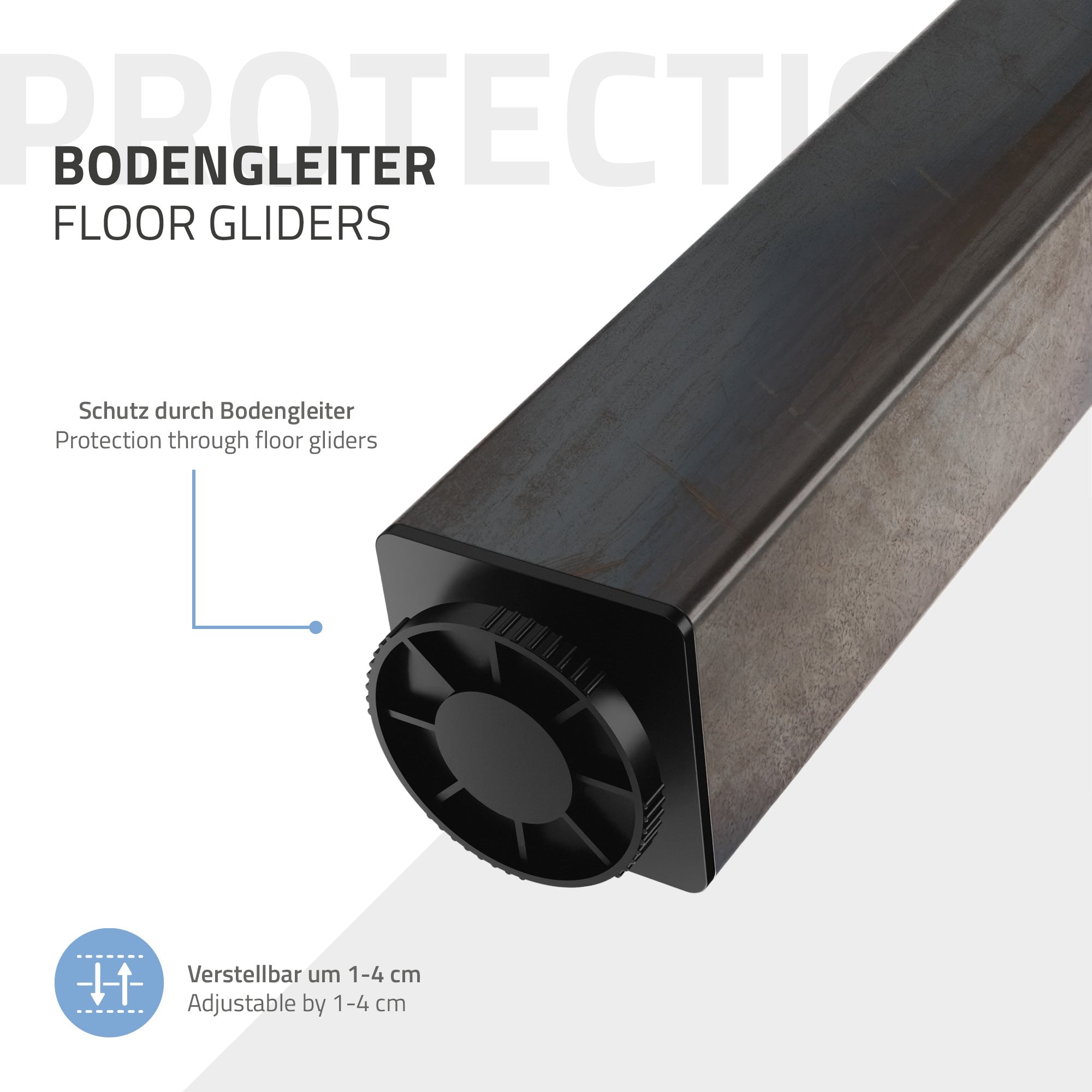 Nahaufnahme eines Bodengleiters mit Beschreibung und Einstellmöglichkeiten.