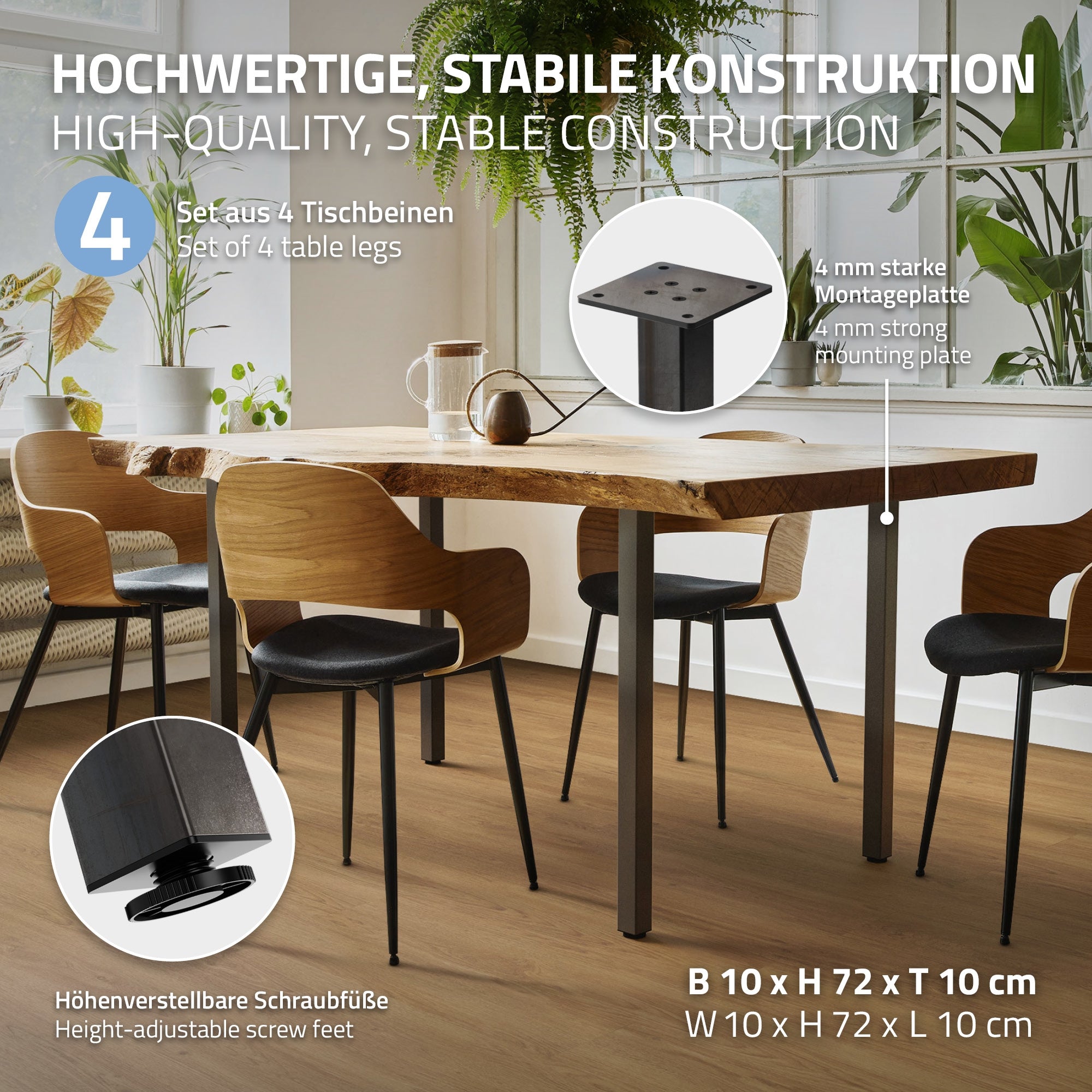 Ein Tisch mit Holzplatte und vier stabilen Tischbeinen.