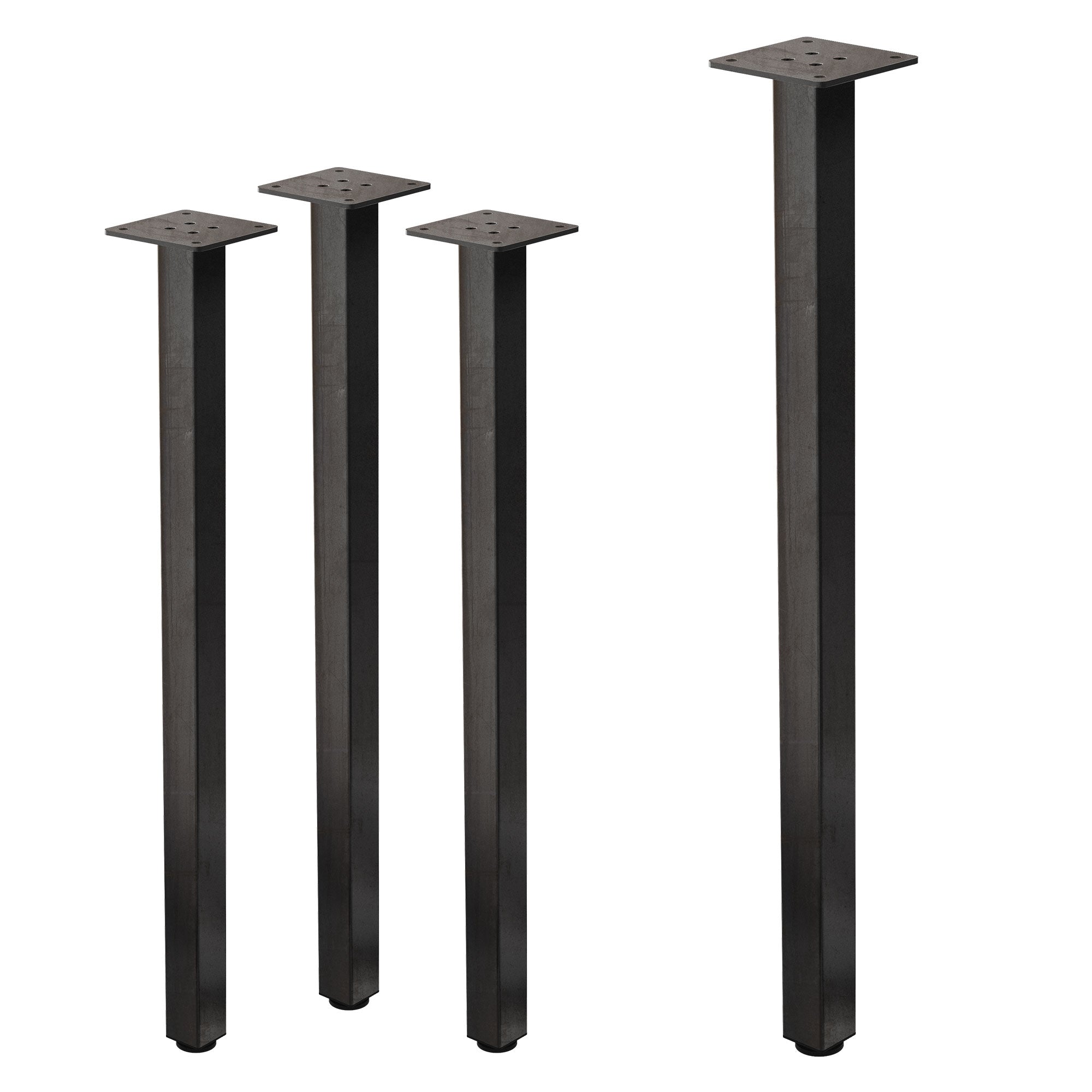 Vier hohe, schwarze Tischbeine mit Montageplatten.
