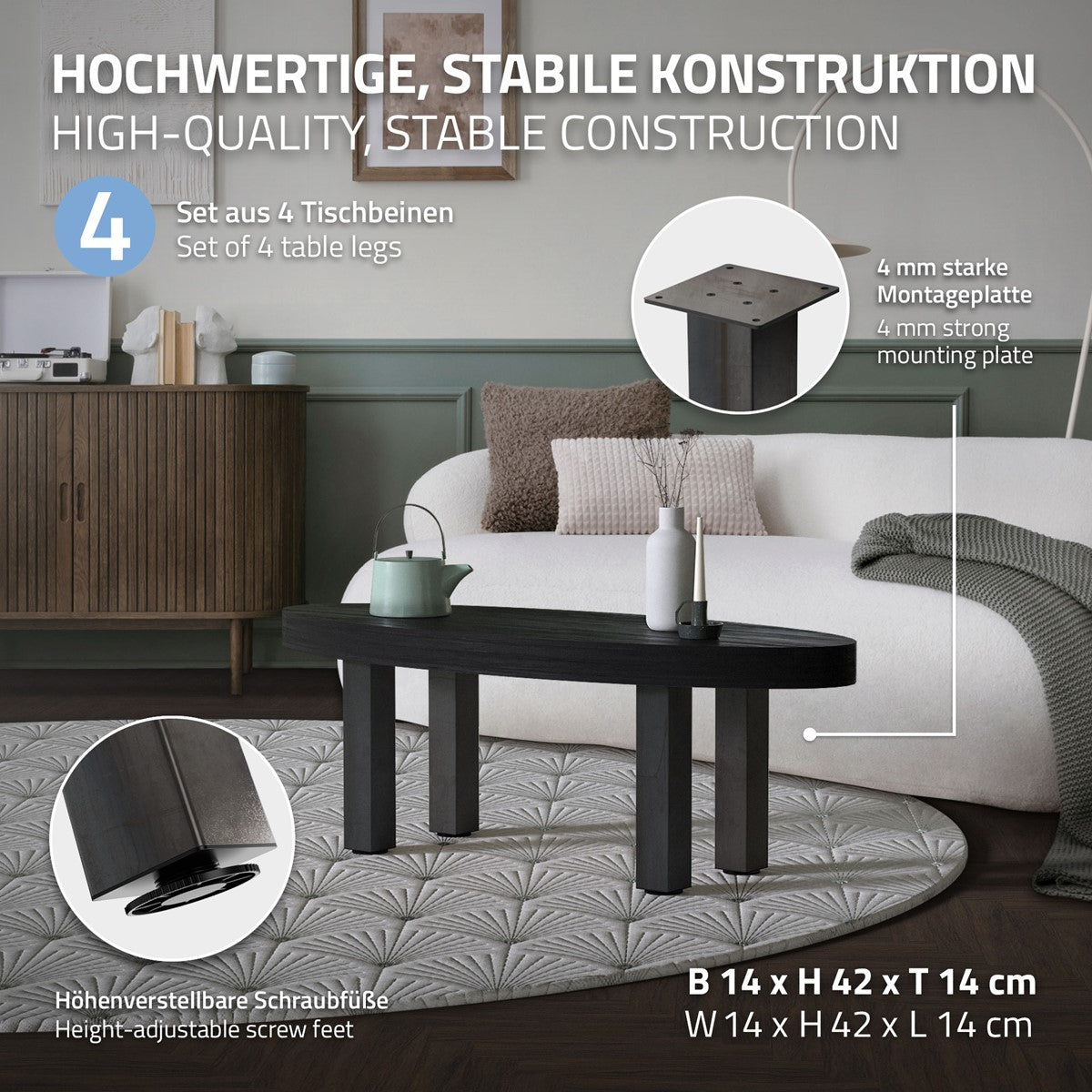Mesa con patas estables, placa de montaje y patas roscadas ajustables.