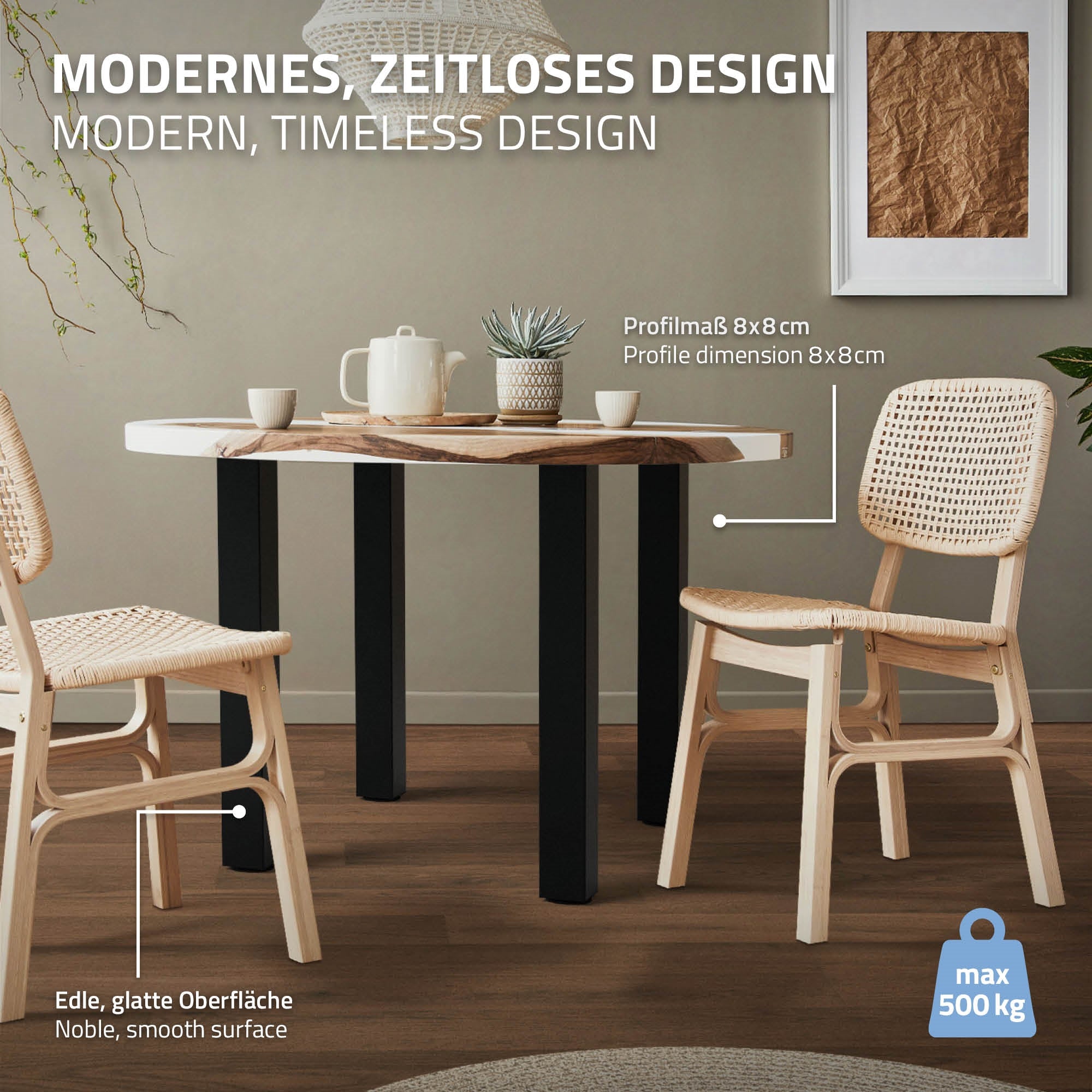 Tisch mit runder Holzplatte und zwei Stühlen in einem modernen Raum.