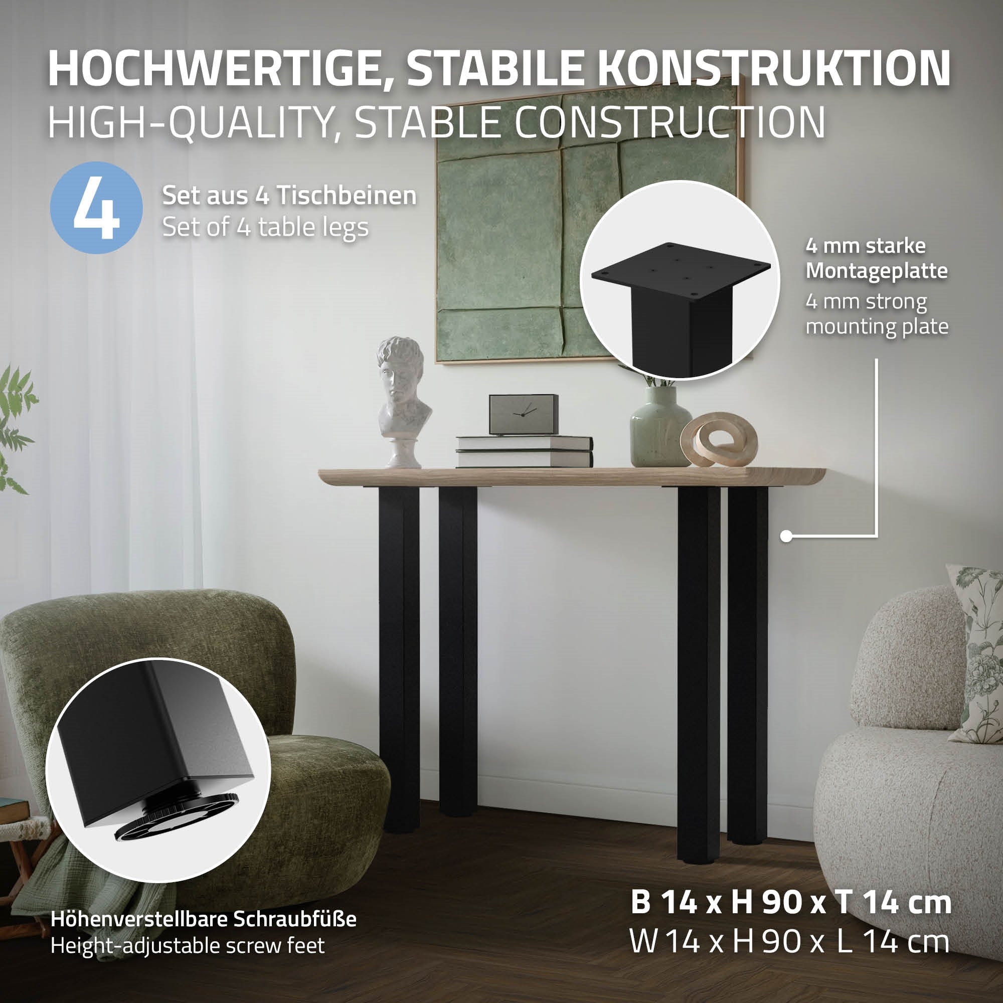 Tisch mit vier stabilen Tischbeinen und einer Montageplatte.