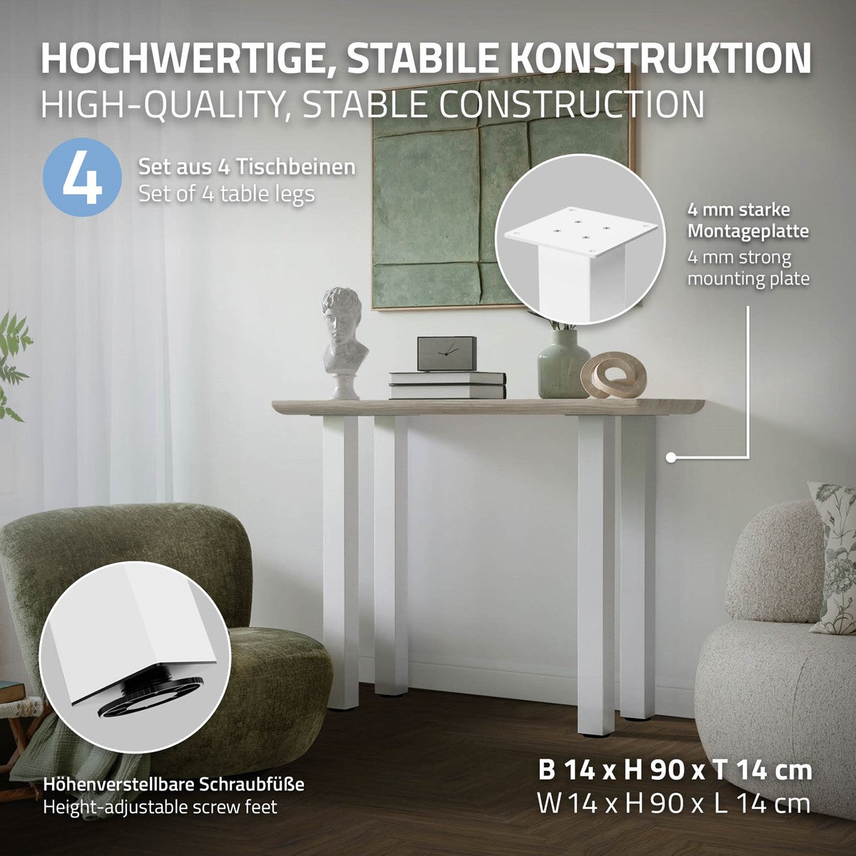 Ein Tisch mit stabilen Beinen und einer Montageplatte, auf einem hellen Hintergrund.