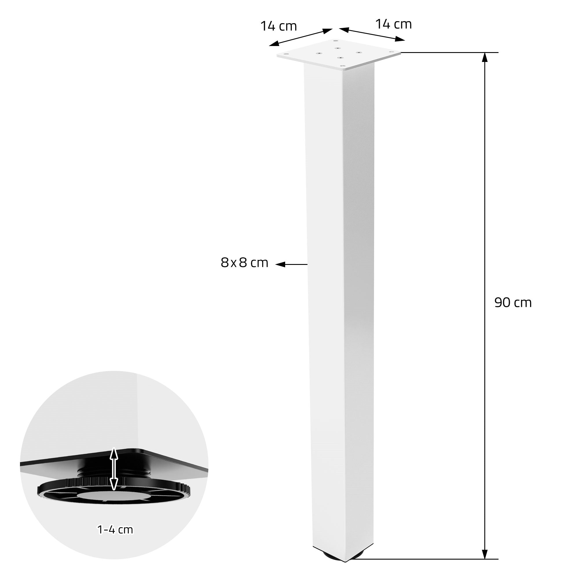 A table leg with dimensions 90 cm high, 14 cm wide, and 8 cm deep.