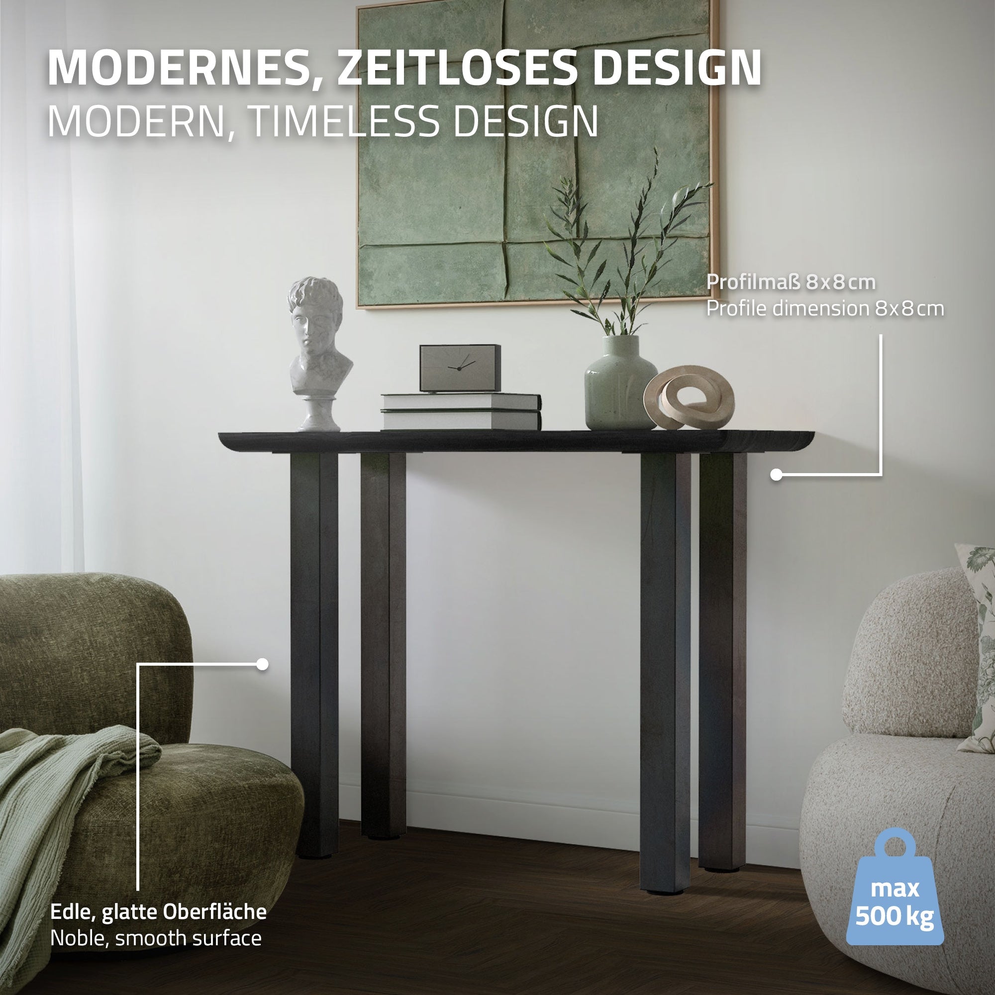 A modern table with a smooth surface and four sturdy legs.