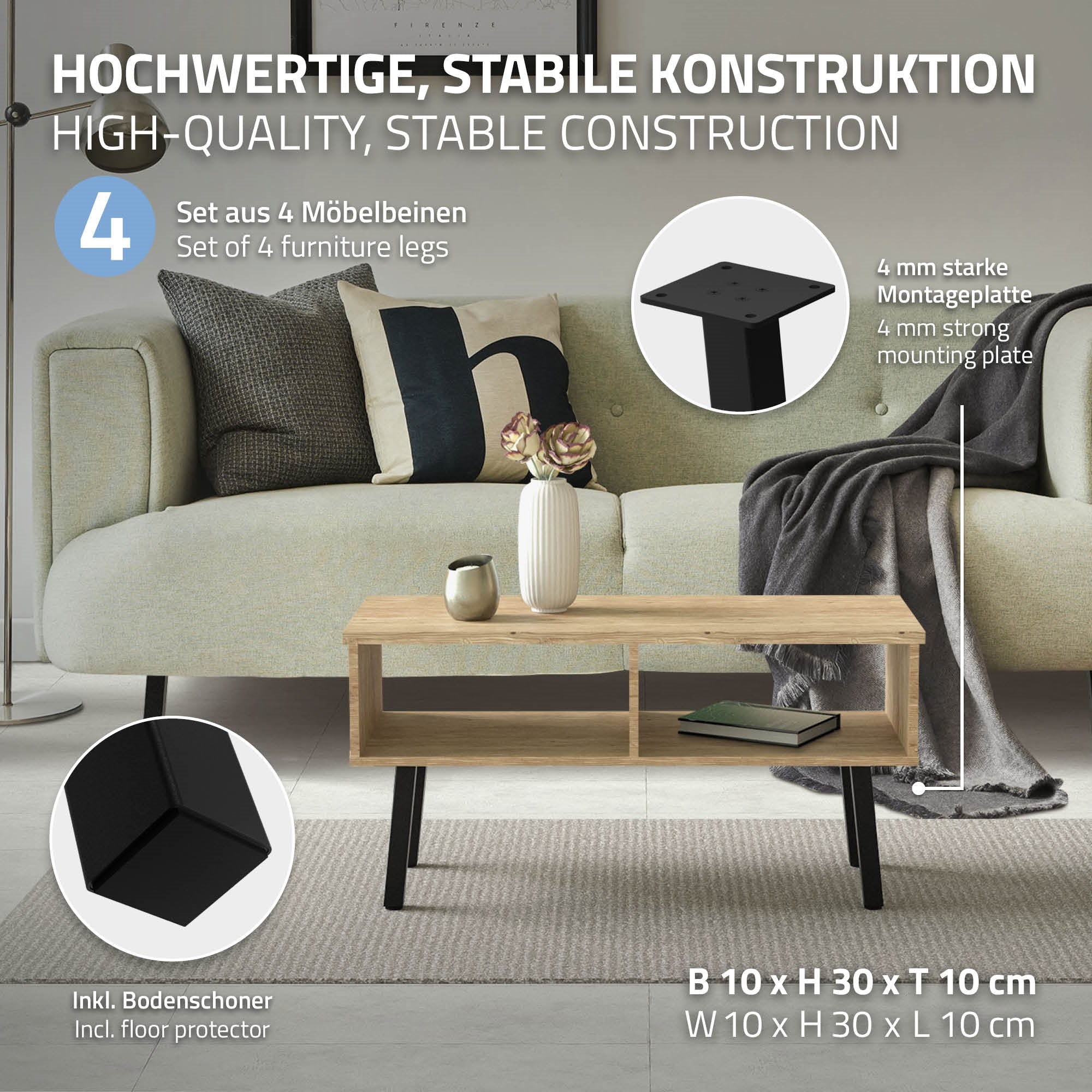 Tisch mit stabilen Beinen und einer dekorativen Vase auf der Oberfläche.