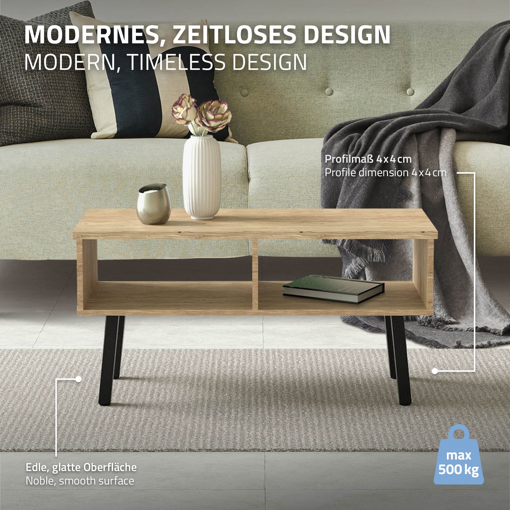 A coffee table with a wooden surface and black legs, on a carpet.