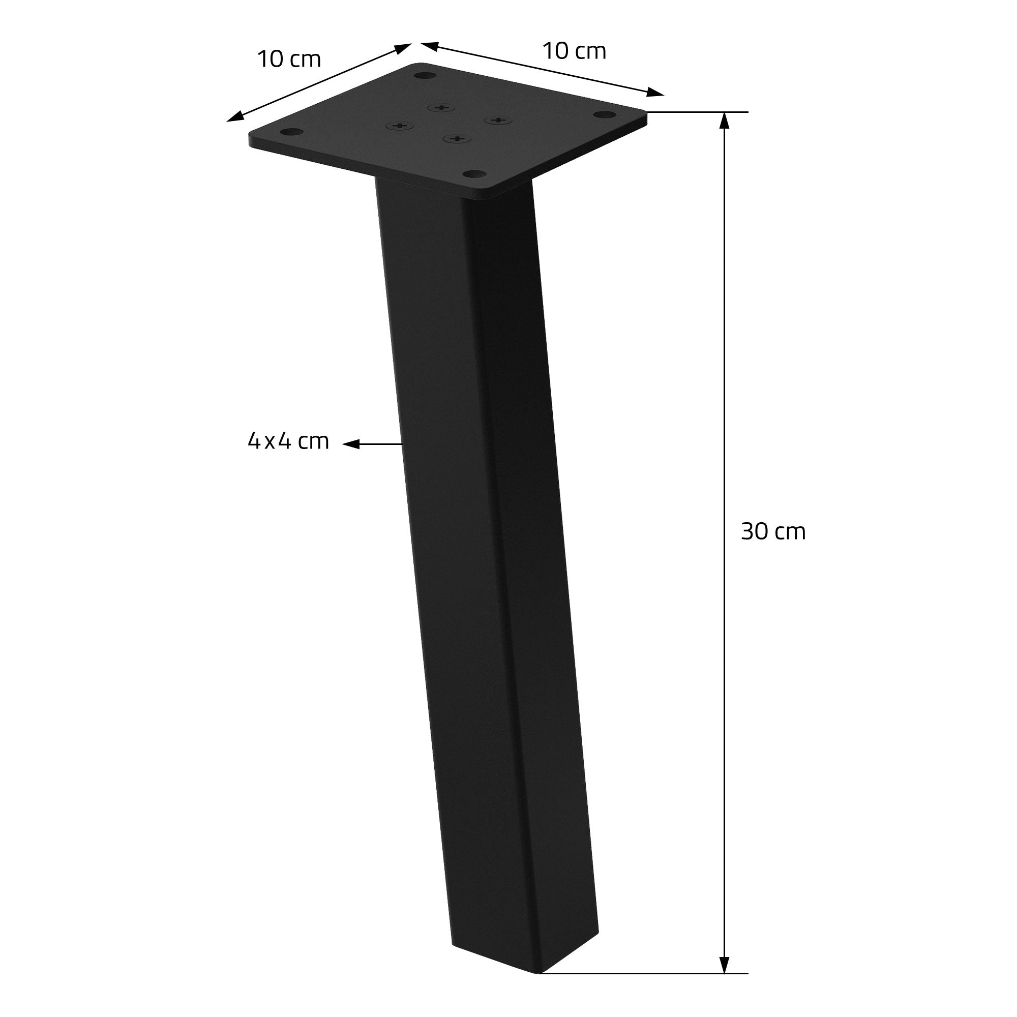 A black table leg drawing with dimensions and drill holes.