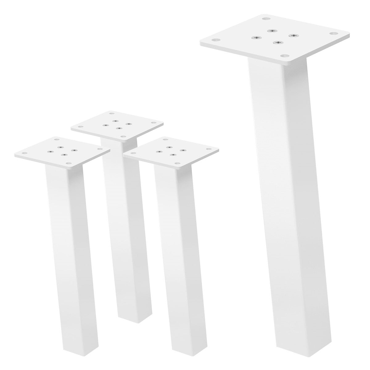 Four white table legs with a square mounting plate.