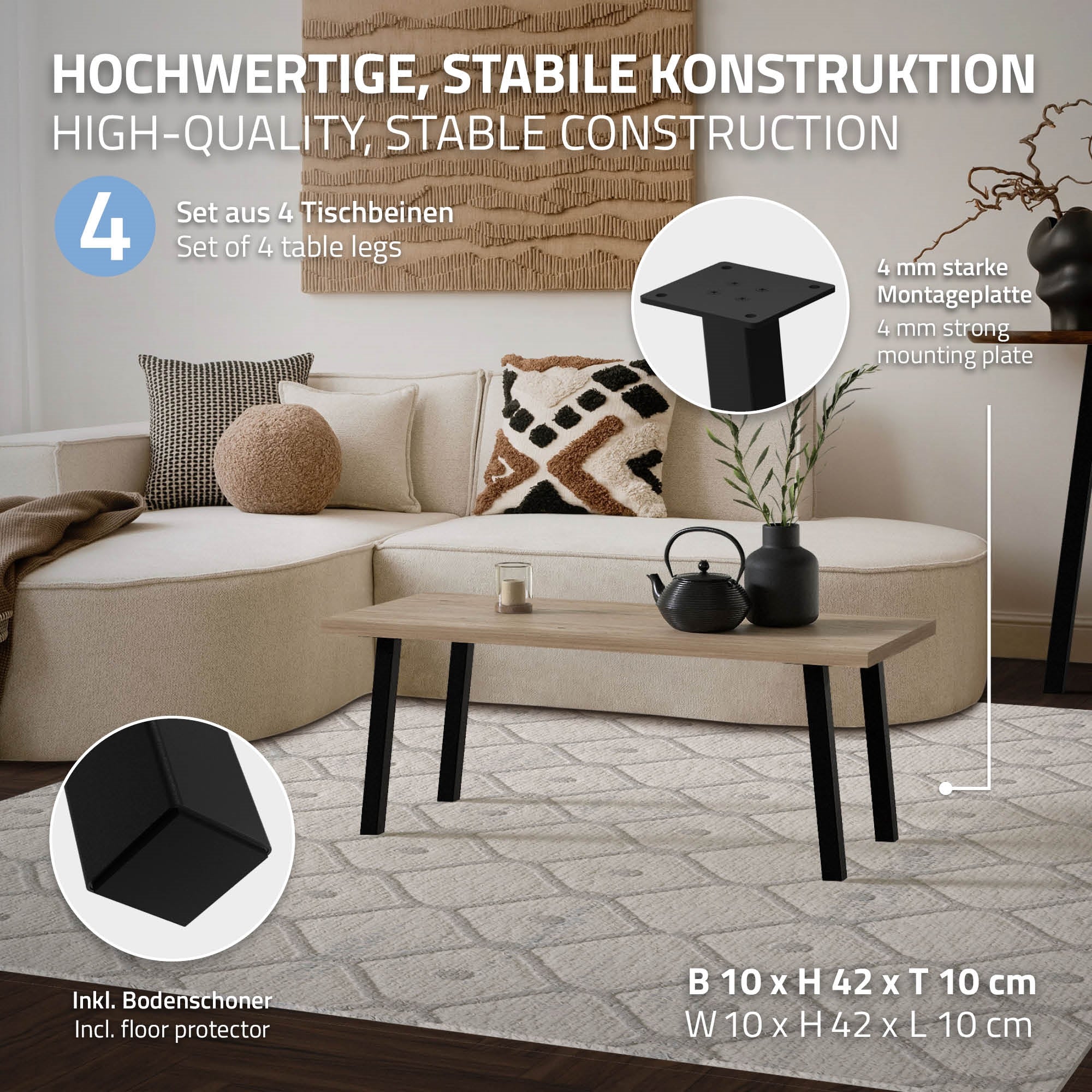 Tisch mit stabilen Beinen und Montageplatte in einem modernen Raum.