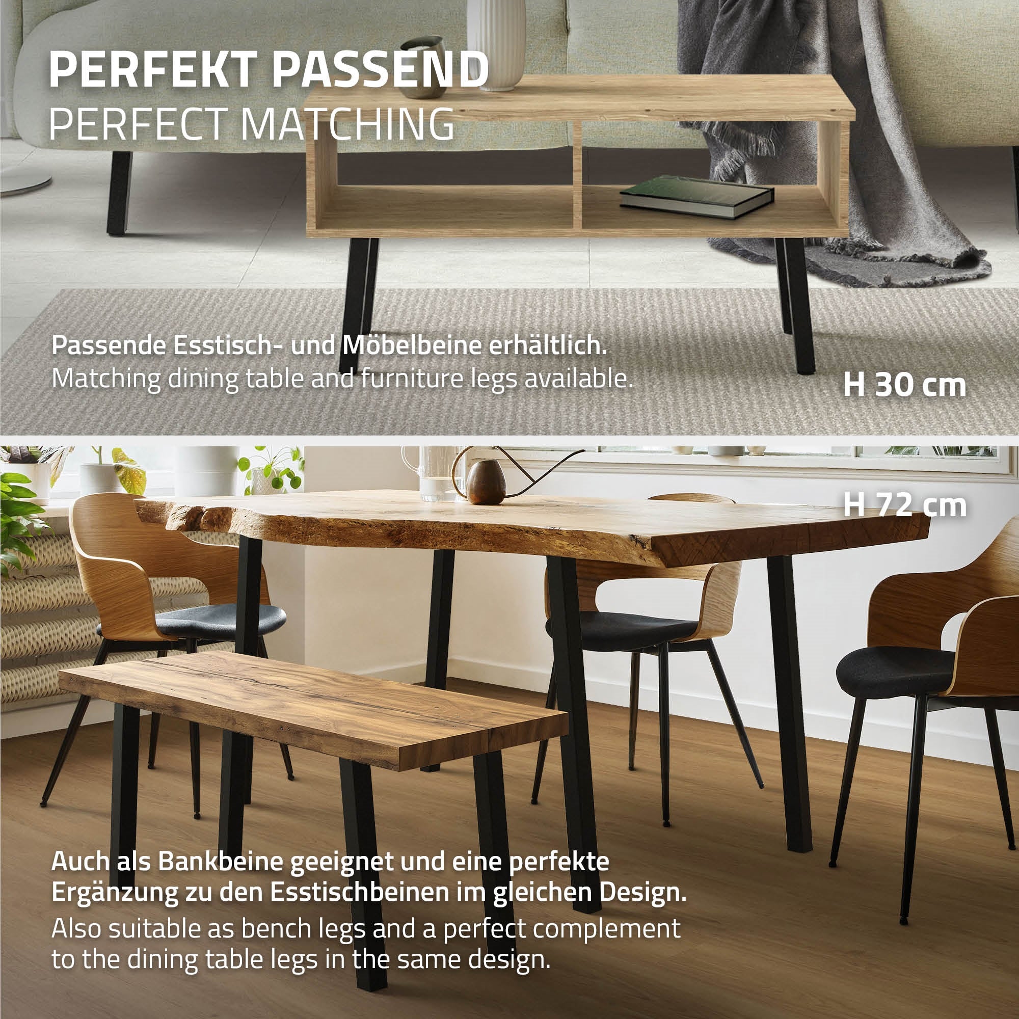 Holztisch mit zwei verschiedenen Höhen und passenden Möbelbeinen.