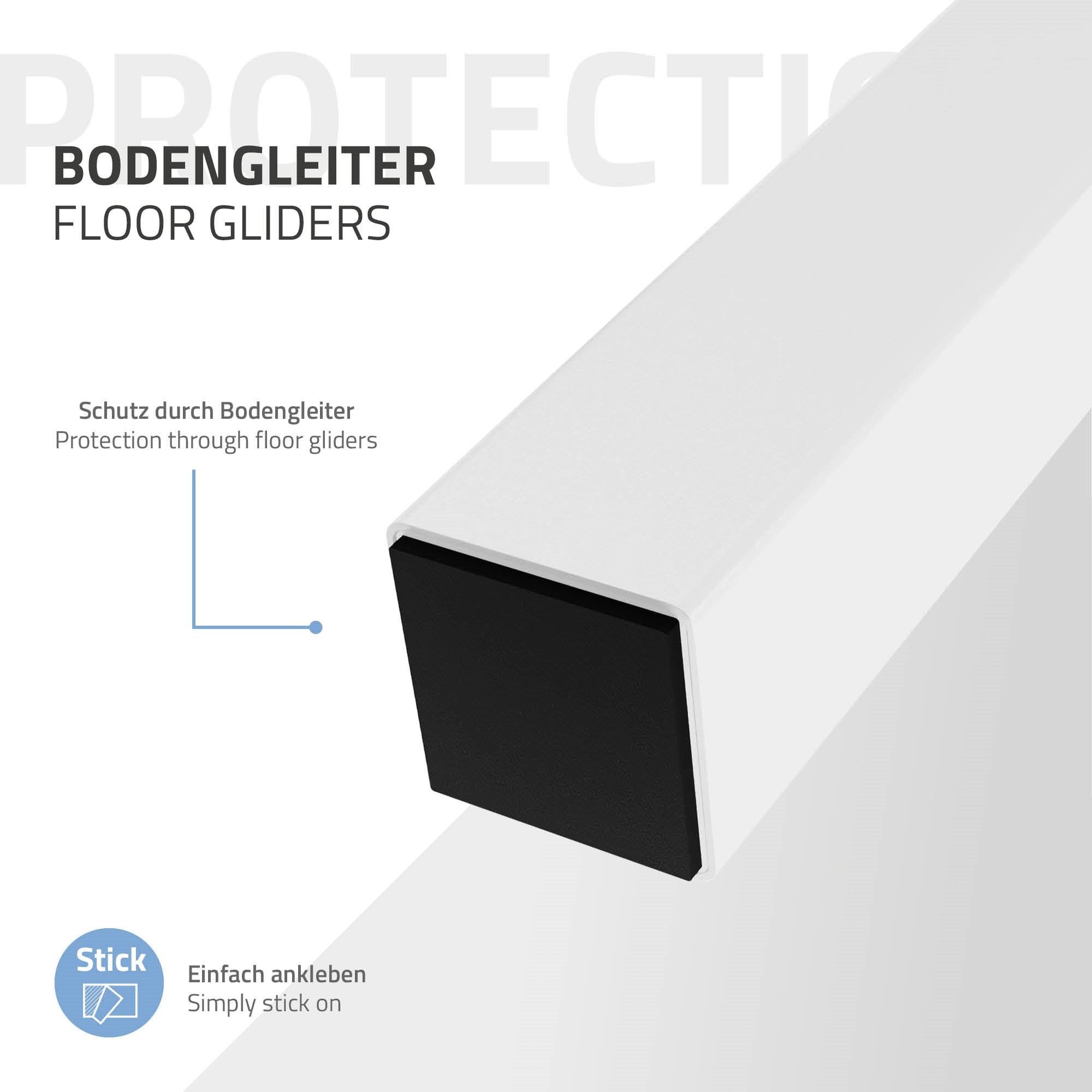Bodenleiste mit schwarzem Gleiter, rechteckig, auf weißem Hintergrund.