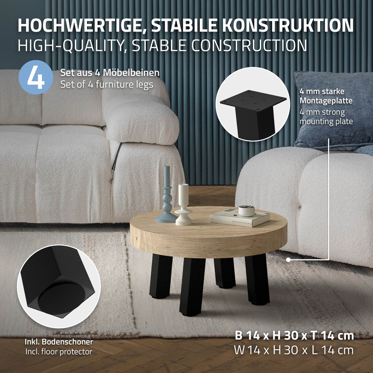 A coffee table with four sturdy furniture legs and a round wooden tabletop.