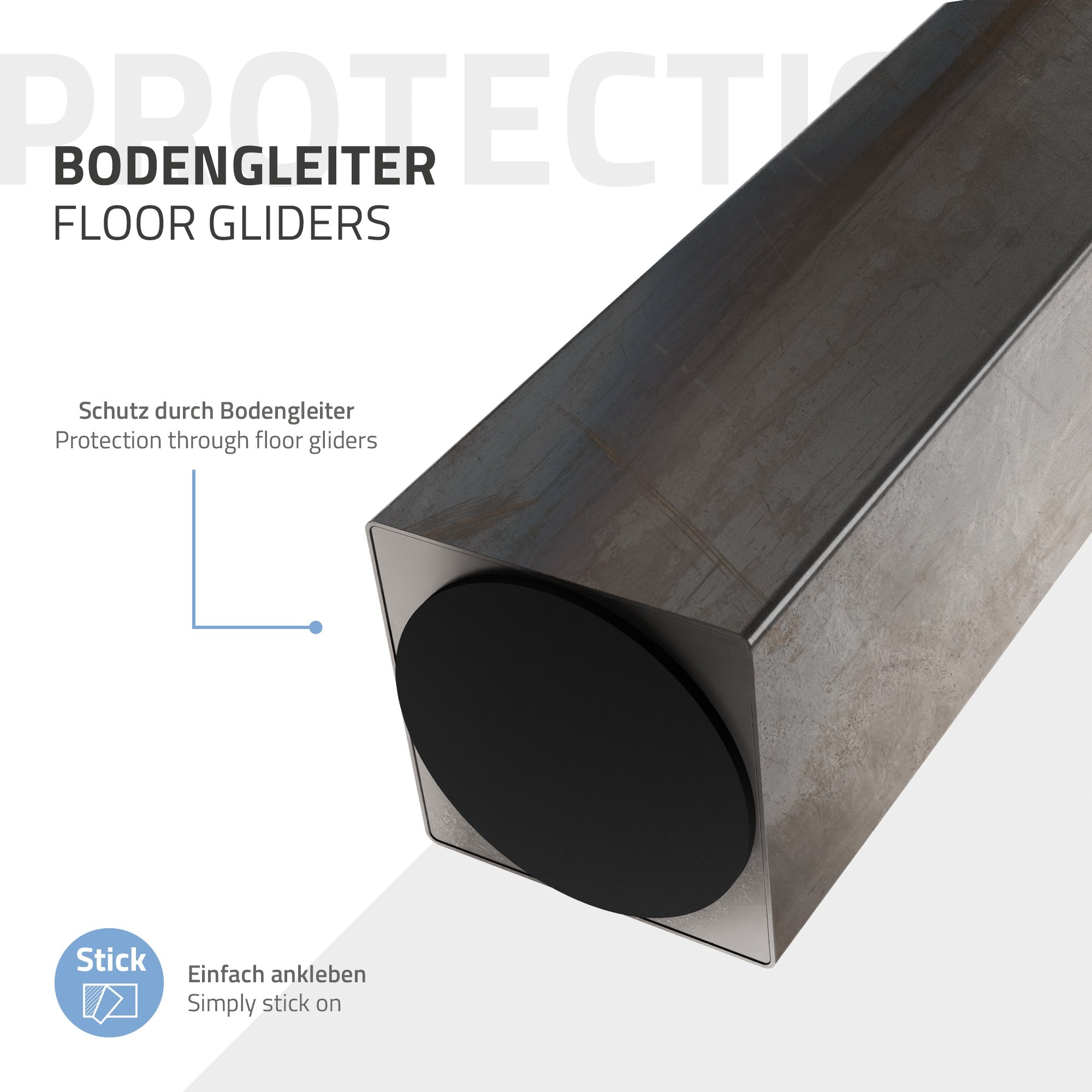 Grafik af en gulvglider med beskrivelse og beskyttelsesfunktion.