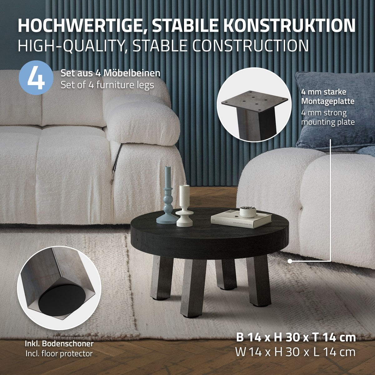 Ein runder Tisch mit vier Möbelbeinen, Kerzen und einer Vase auf einem Teppich.