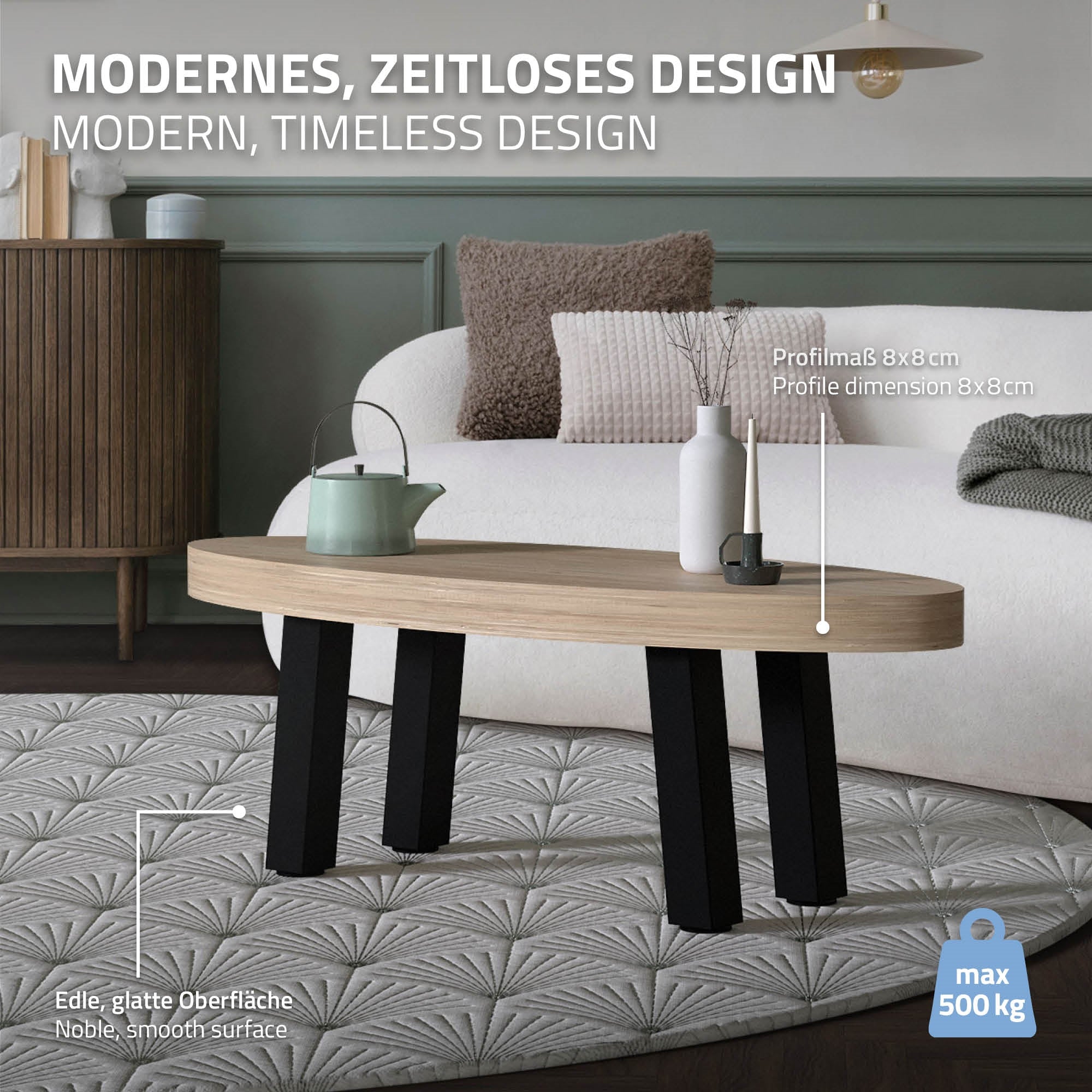Modern coffee table with round tabletop and black legs on a patterned rug.
