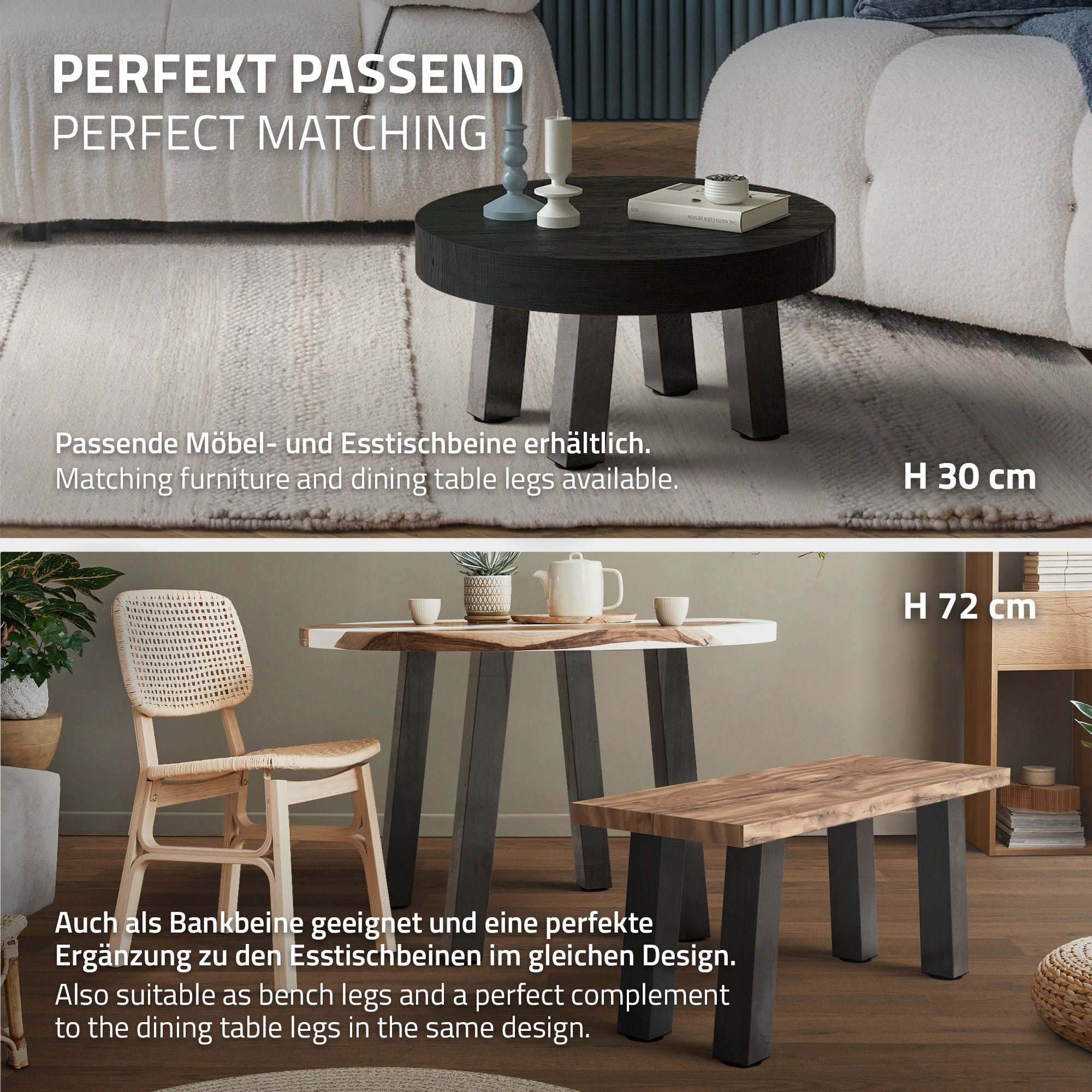 Et rundt bord med træplade og sorte ben, i stuen.