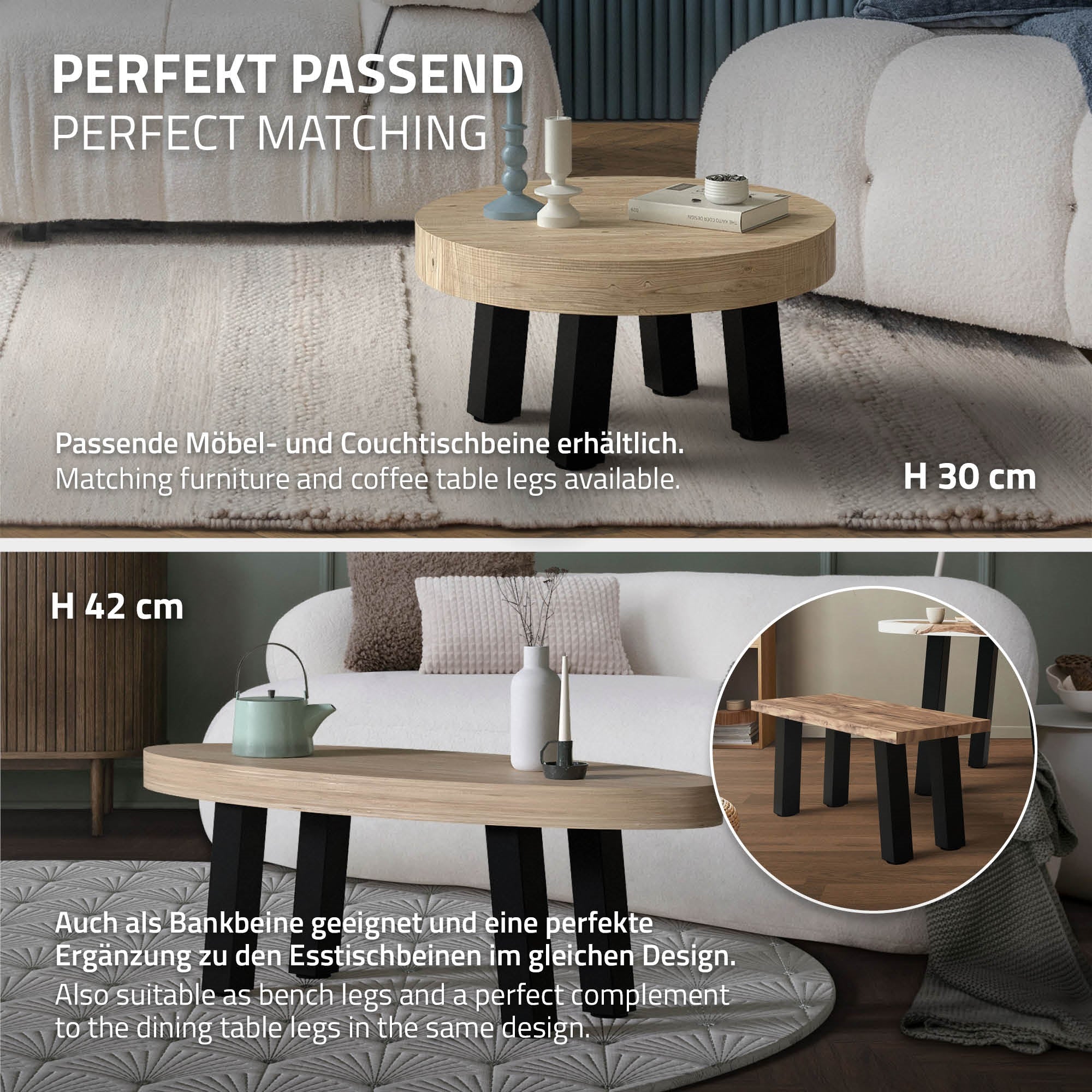 Ein runder Couchtisch mit Holzplatte und schwarzen Beinen, auf einem Teppich.