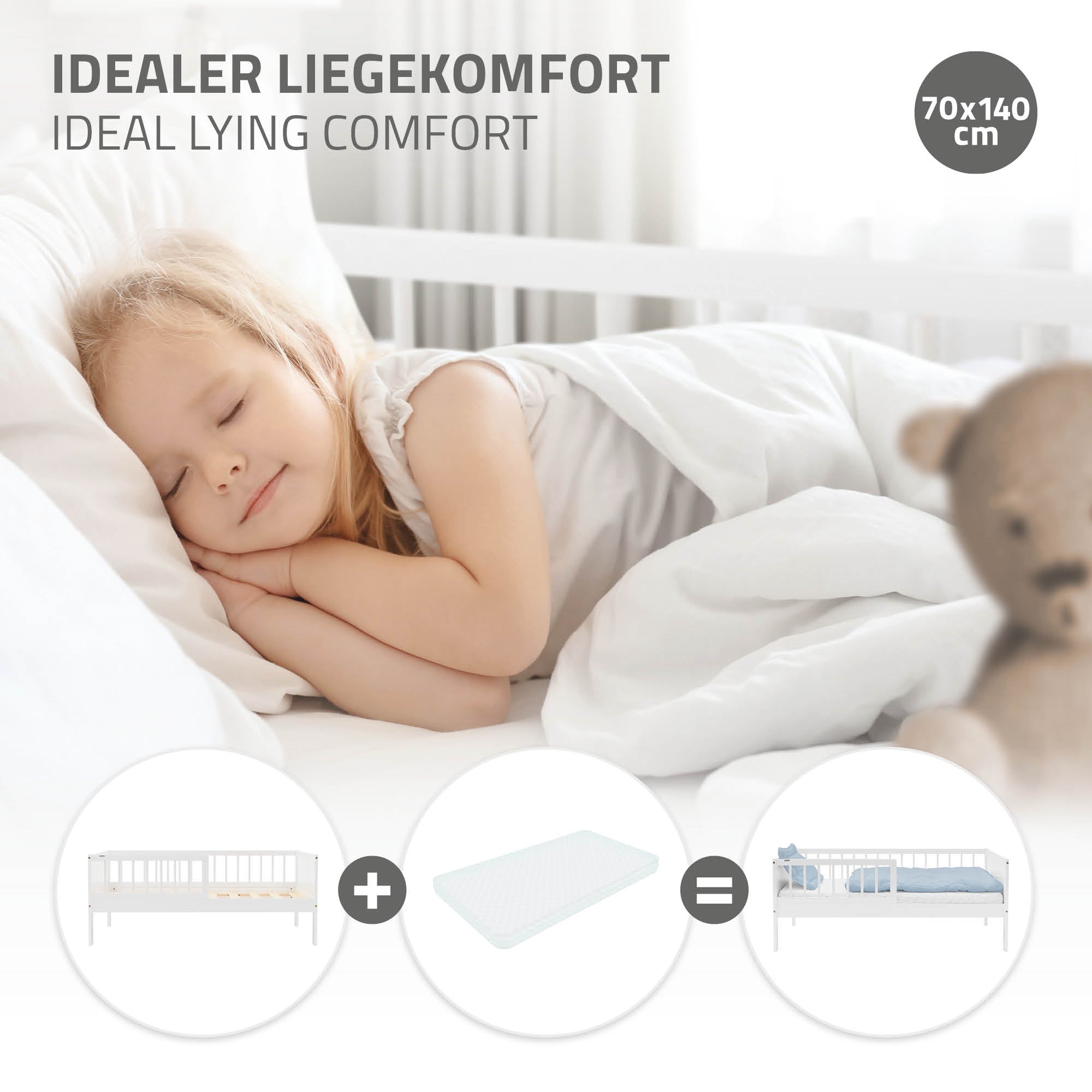 A sleeping child in bed, surrounded by pillows and a teddy bear.