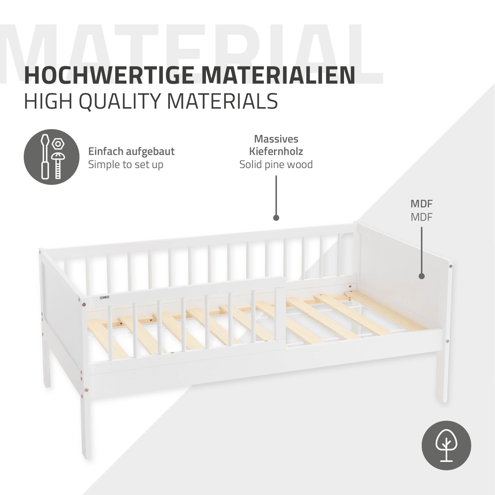 A white children's bed made of solid pine wood with slatted frame.