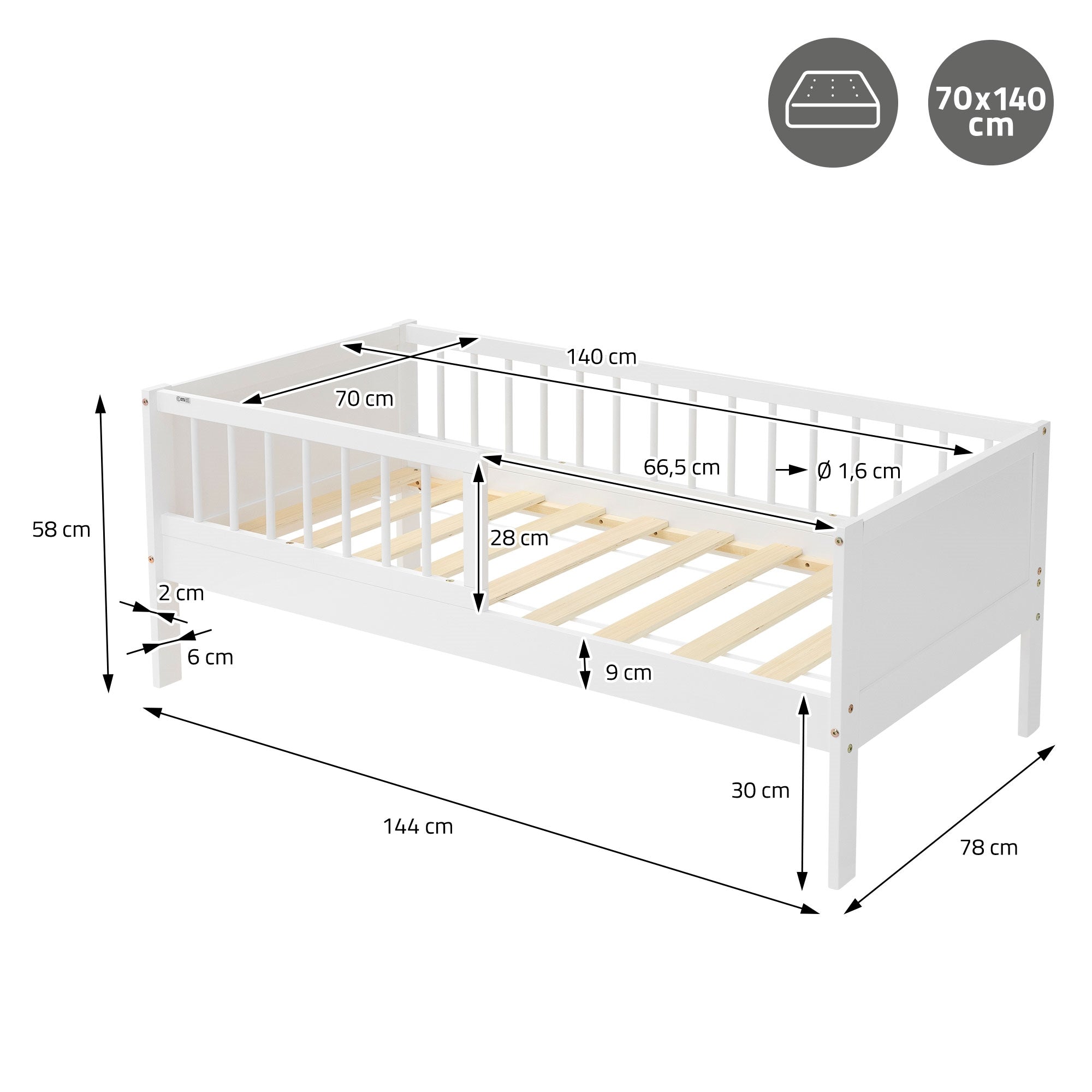 Dimension drawing of a white bed with measurements in cm.