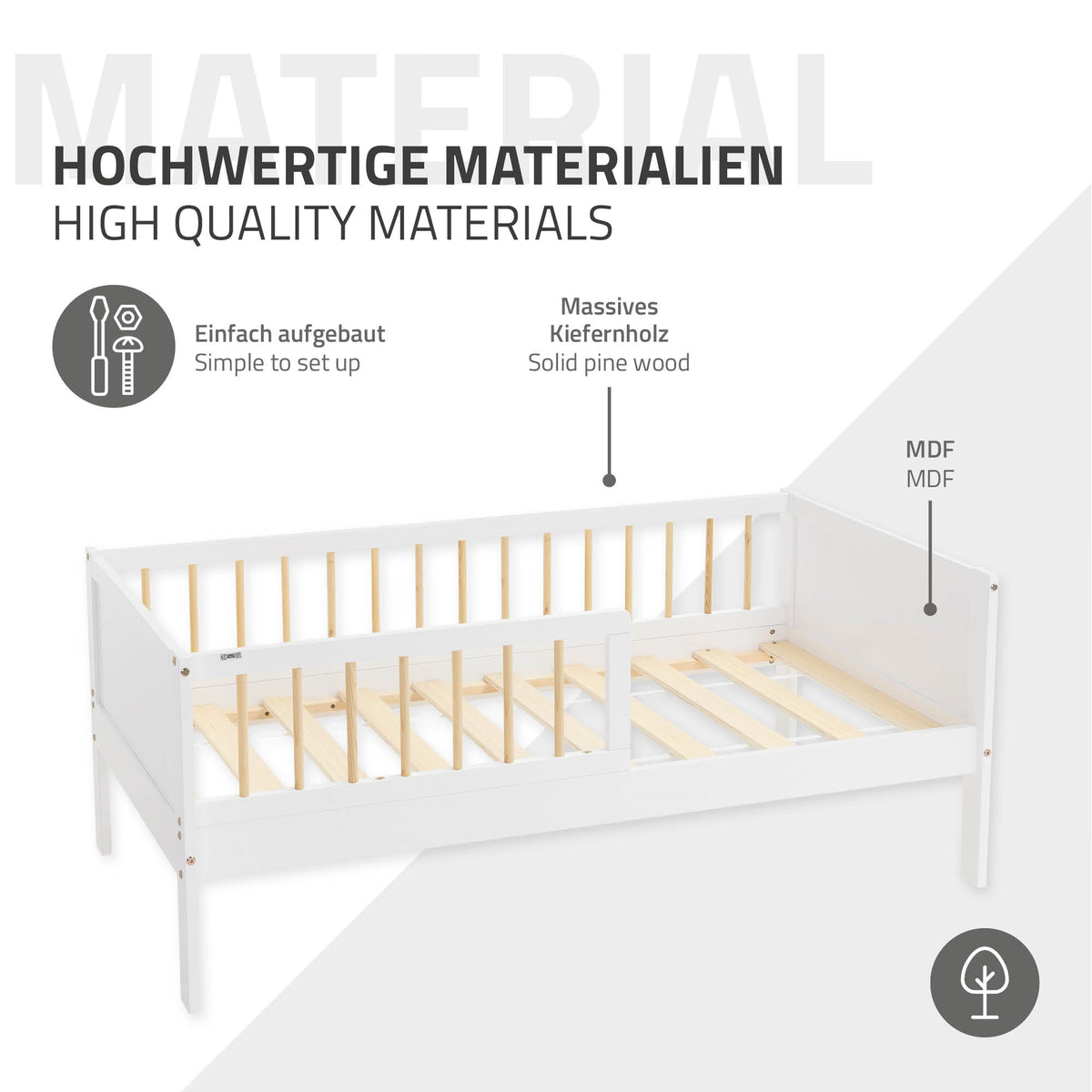 Ein Kinderbett aus Holz mit Lattenrost und stabilen Materialien.