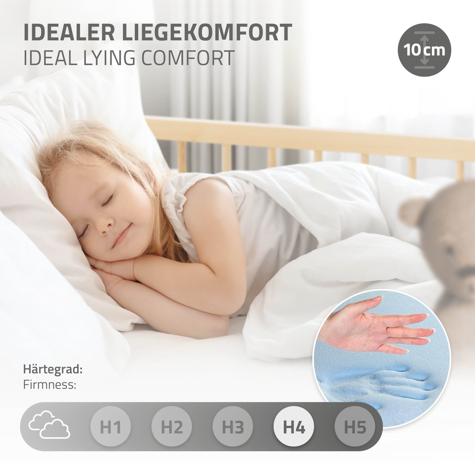 Sleeping child on a bed, text about lying comfort and hardness level H4.