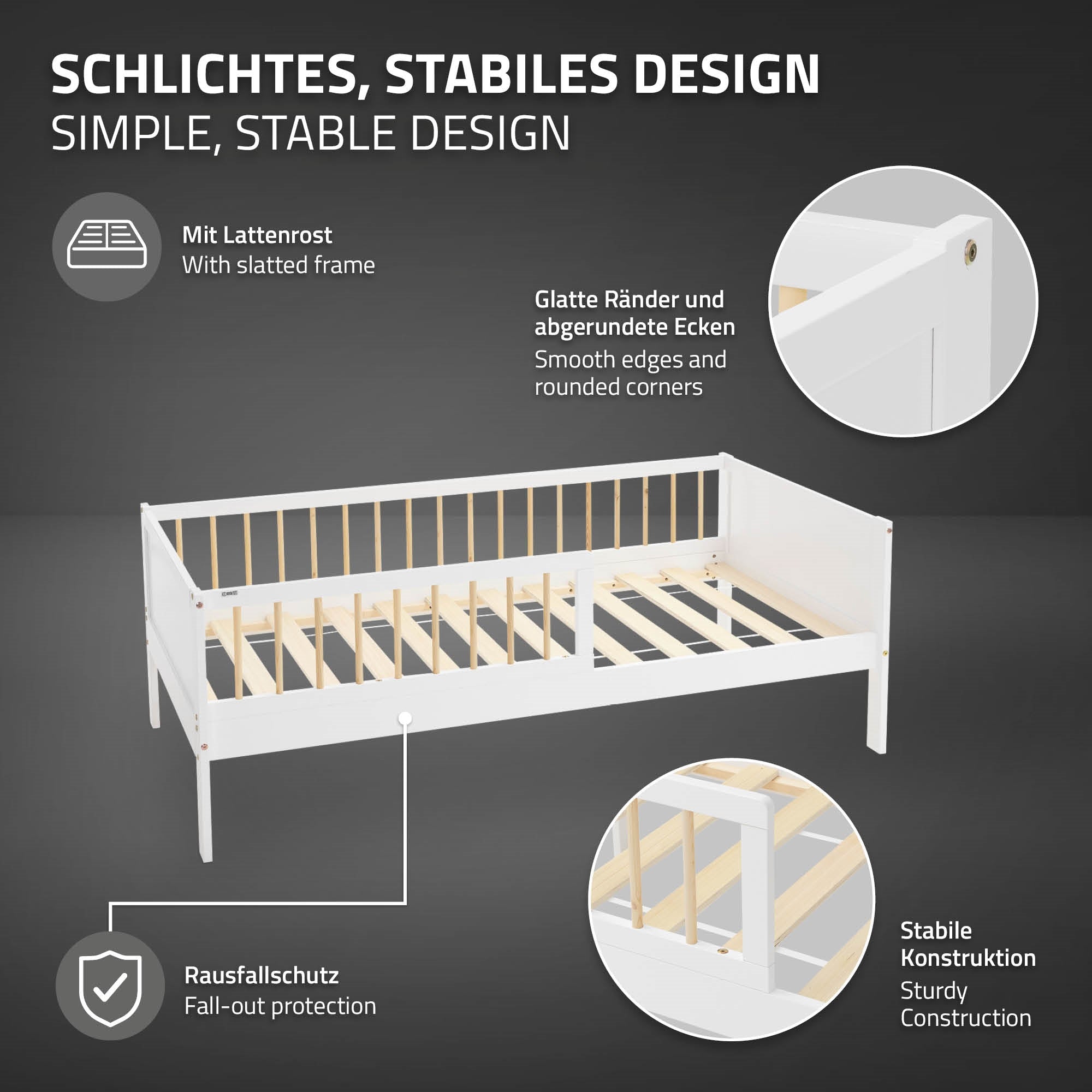 Grafik eines Bettes mit slatted frame, stabilen Kanten und Rausfallschutz.