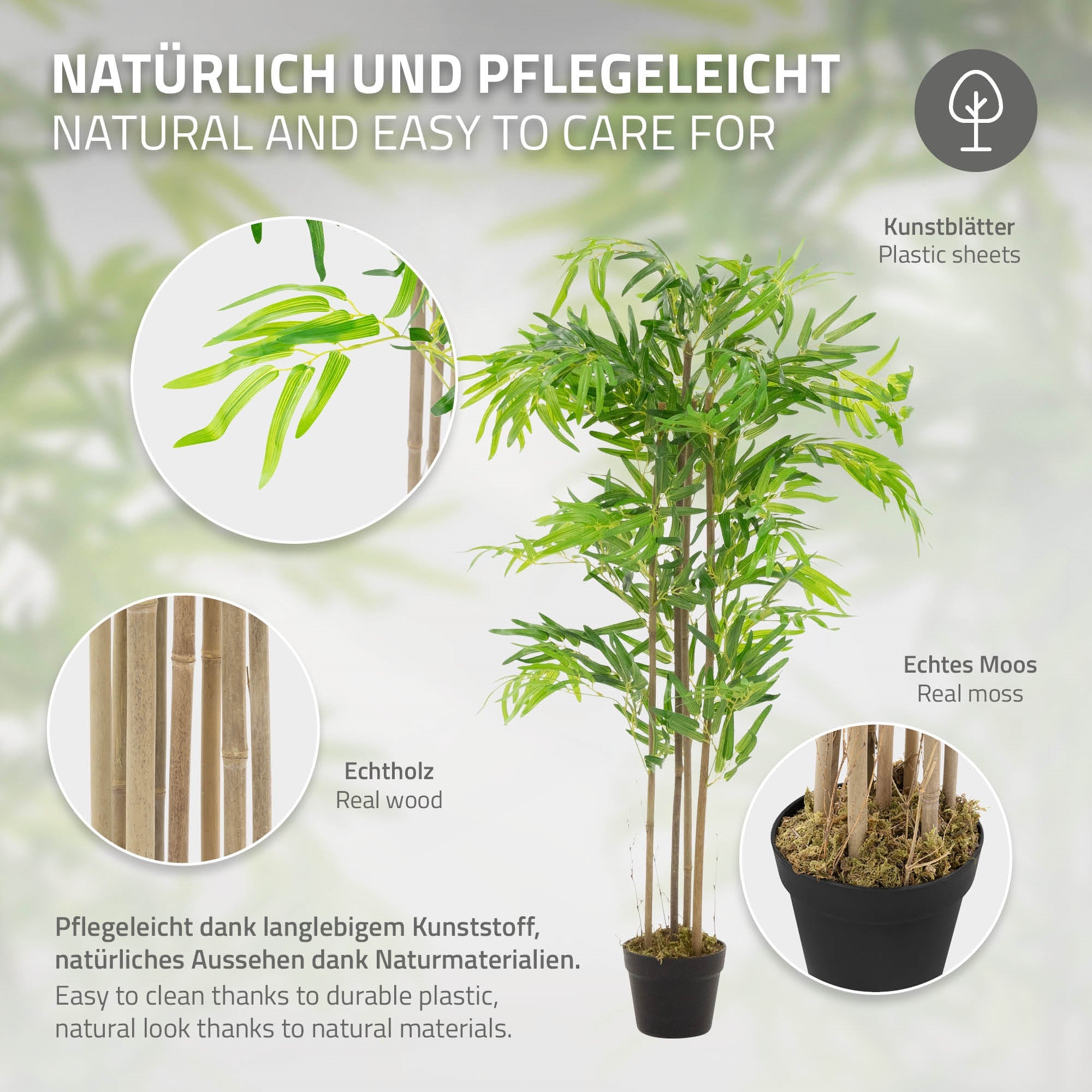 Grafica con informazioni su un albero artificiale e istruzioni per la cura.