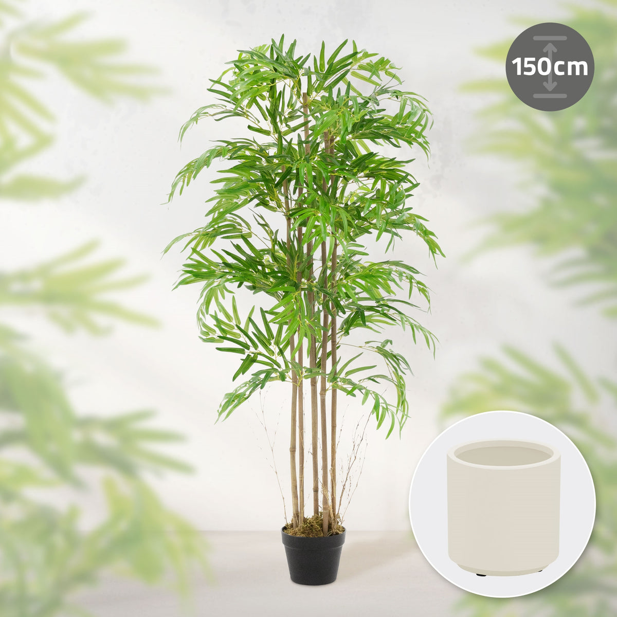 Künstlicher Baum mit 150 cm Höhe und schwarzem Topf.