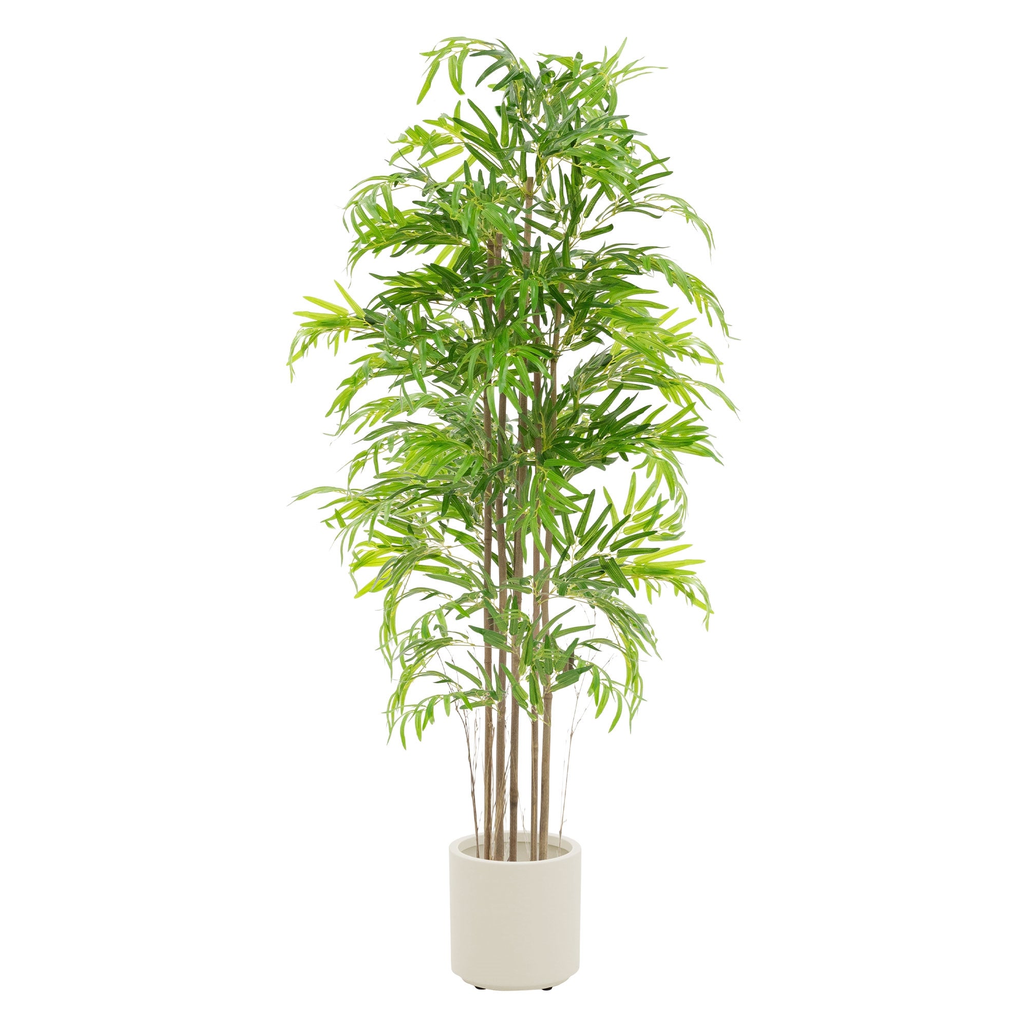 Kunstbaum aus Bambus in einem weißen Topf, 180 cm hoch, frontal abgebildet.