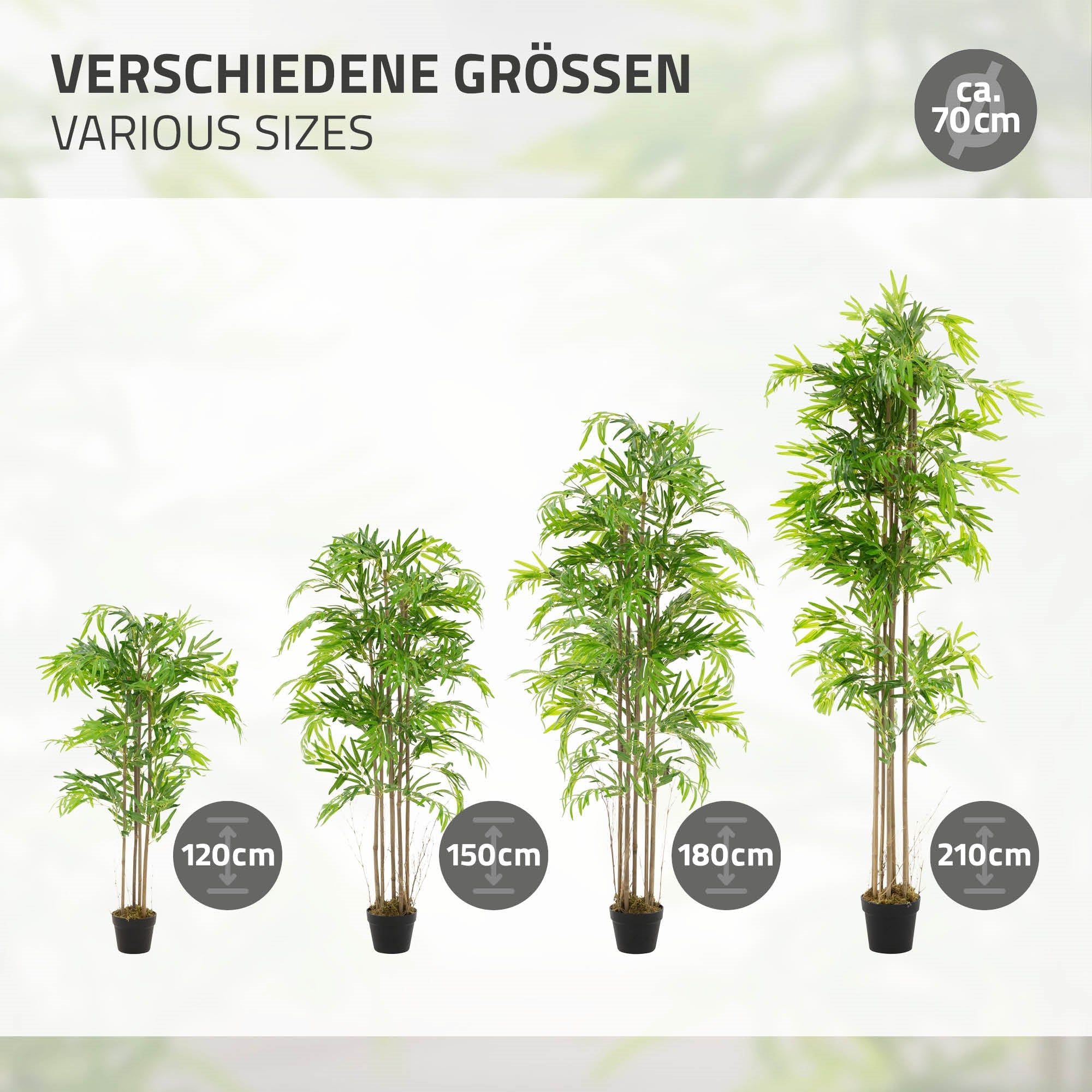 Verschiedene Größen von Kunstbäumen, Höhe 120 cm bis 210 cm.