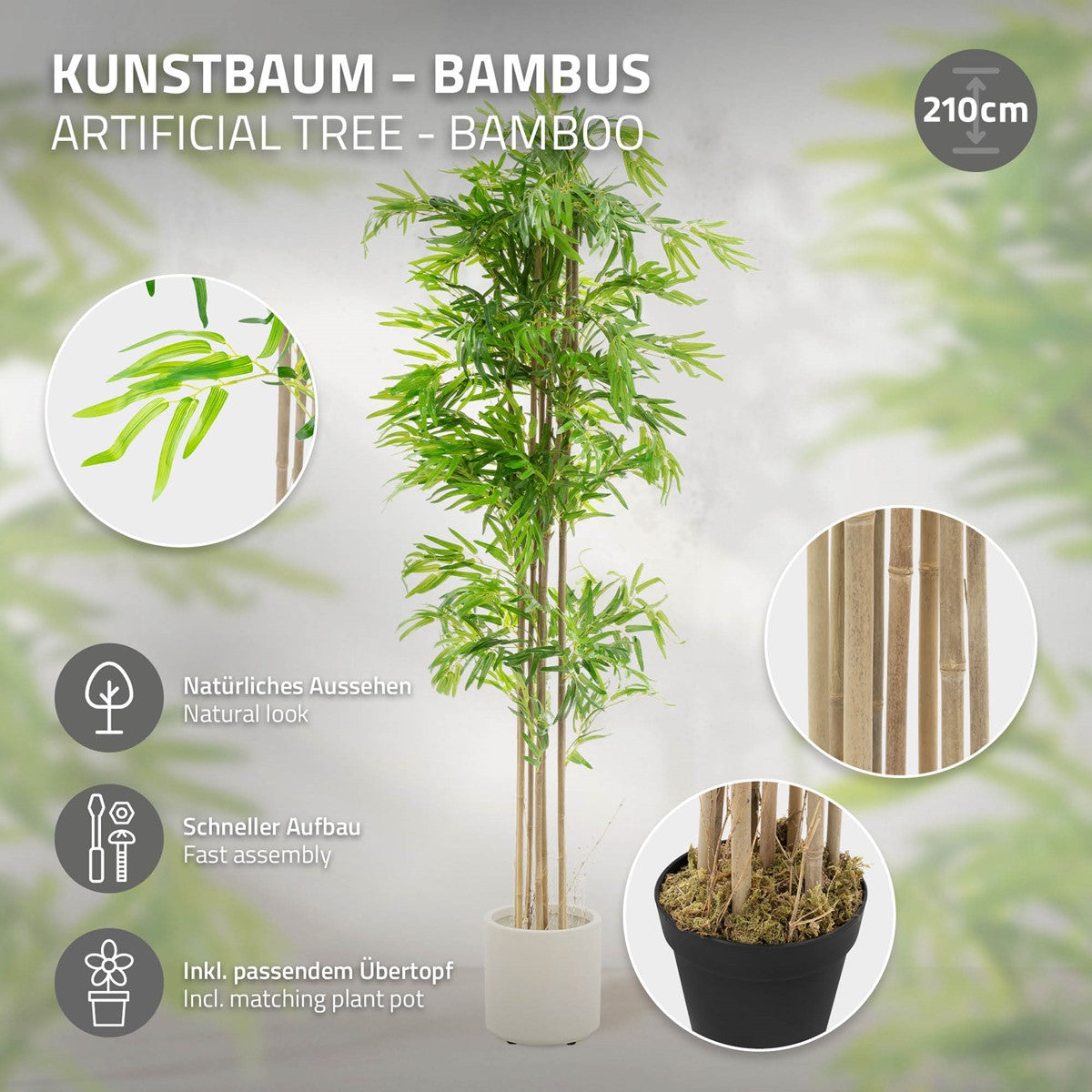 Uma árvore de bambu artificial com aspeto natural e um cachepô a condizer.