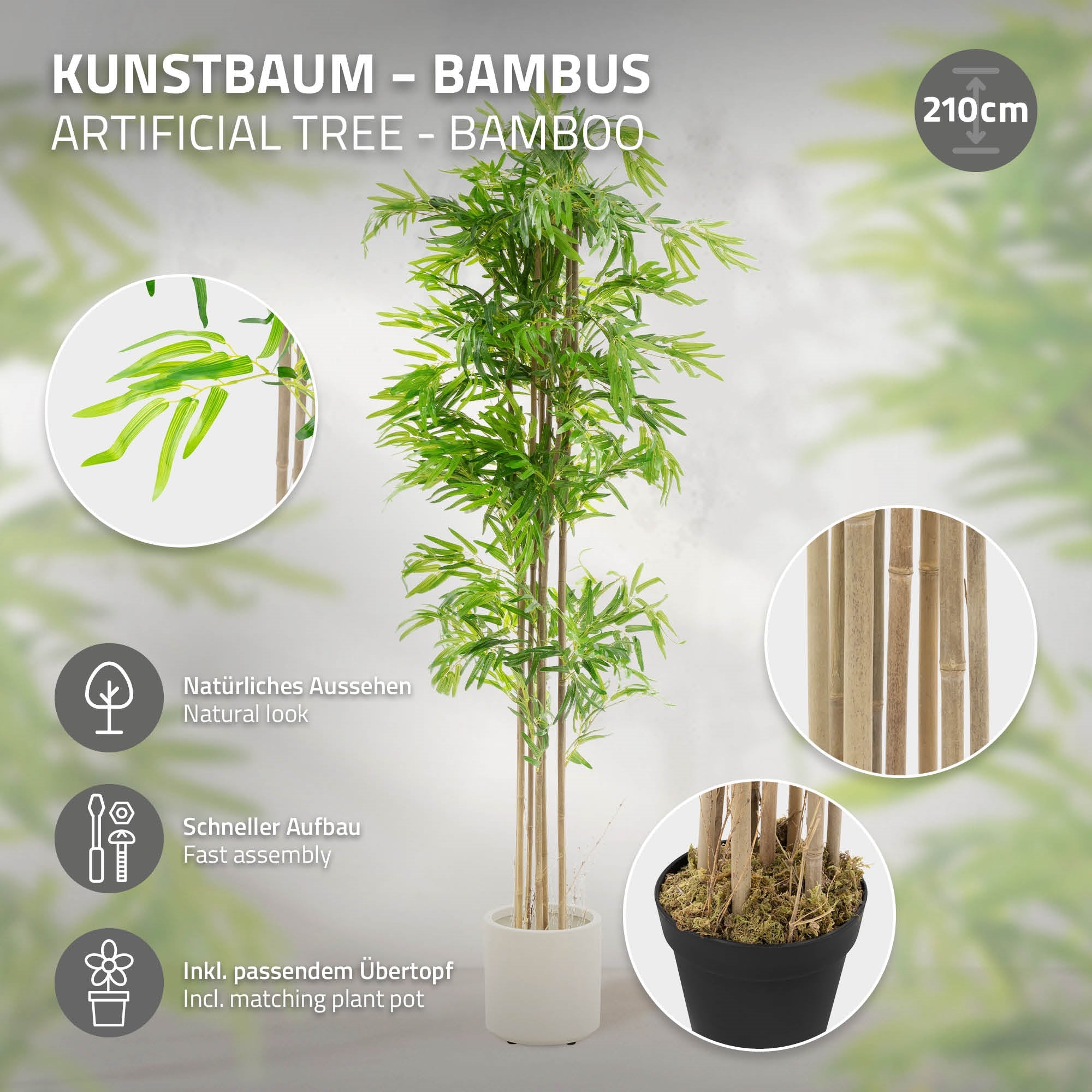 Ein künstlicher Bambusbaum mit natürlichem Aussehen und passendem Übertopf.