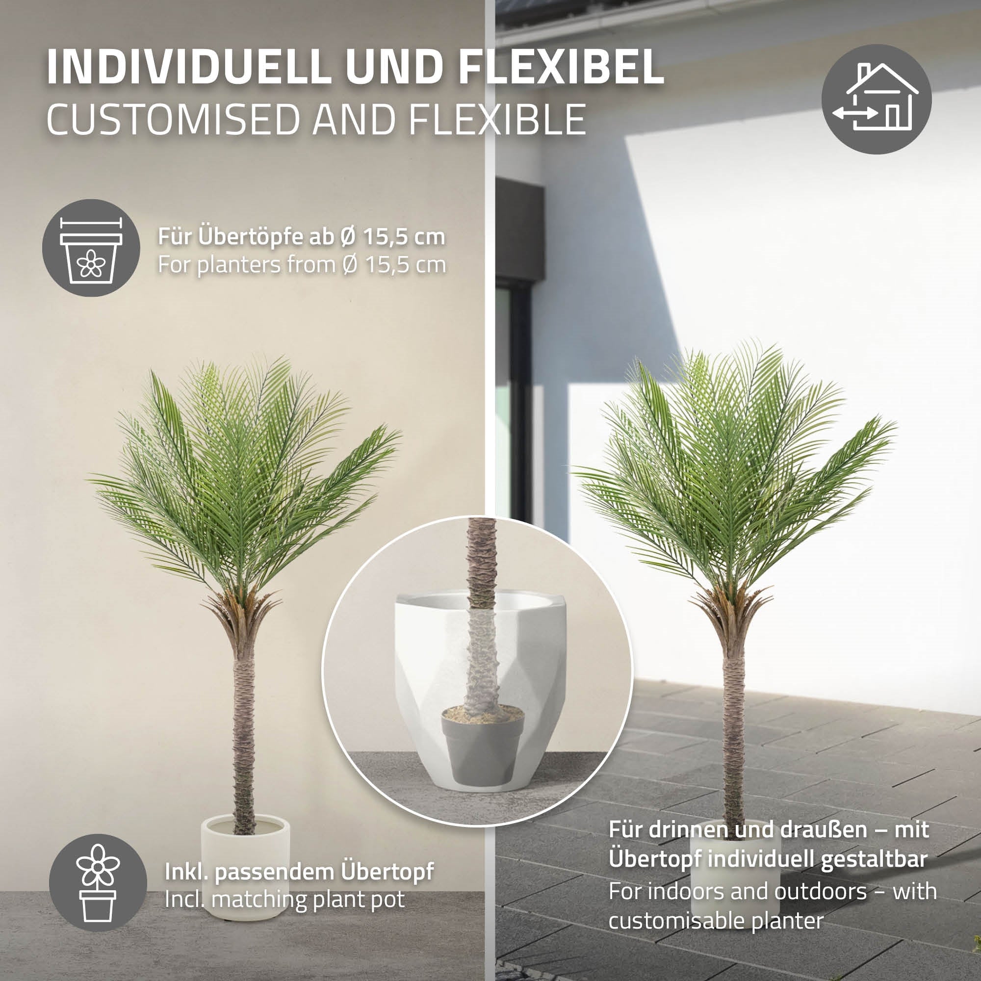 Kunsttræ palme, individuelt tilpasseligt med passende overpotte.