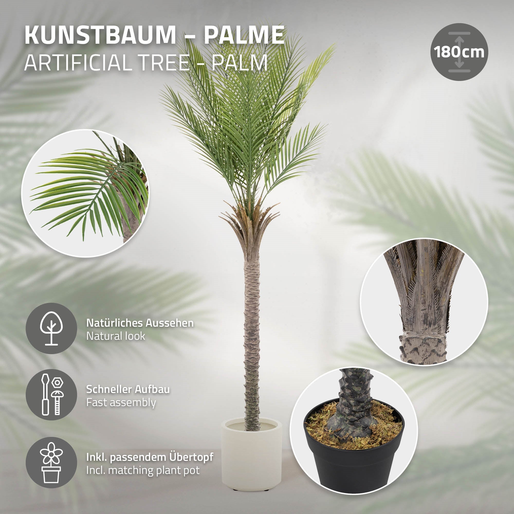Albero artificiale palma con aspetto naturale, montaggio rapido, incluso vaso.