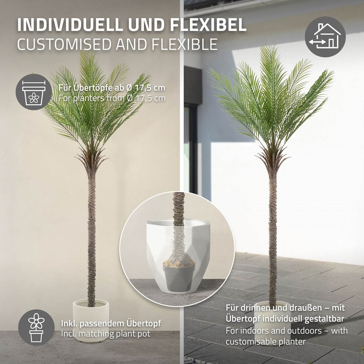 Grafik mit einem flexiblen Pflanzgefäß für Innen- und Außenbereich.