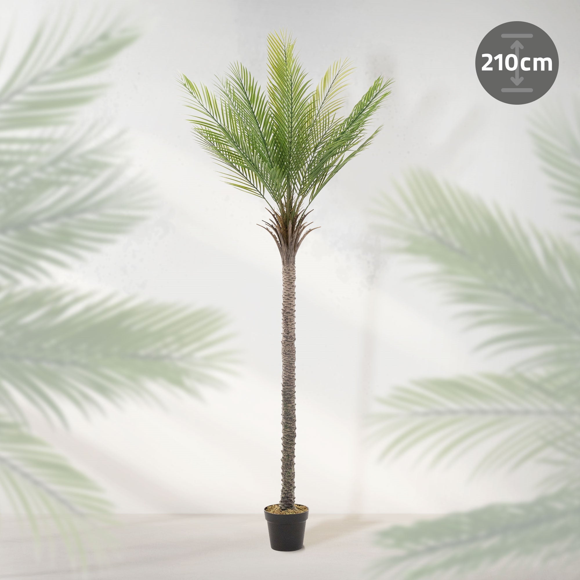 Kunstbaum Palme in einem schwarzen Topf, Höhe 210 cm.