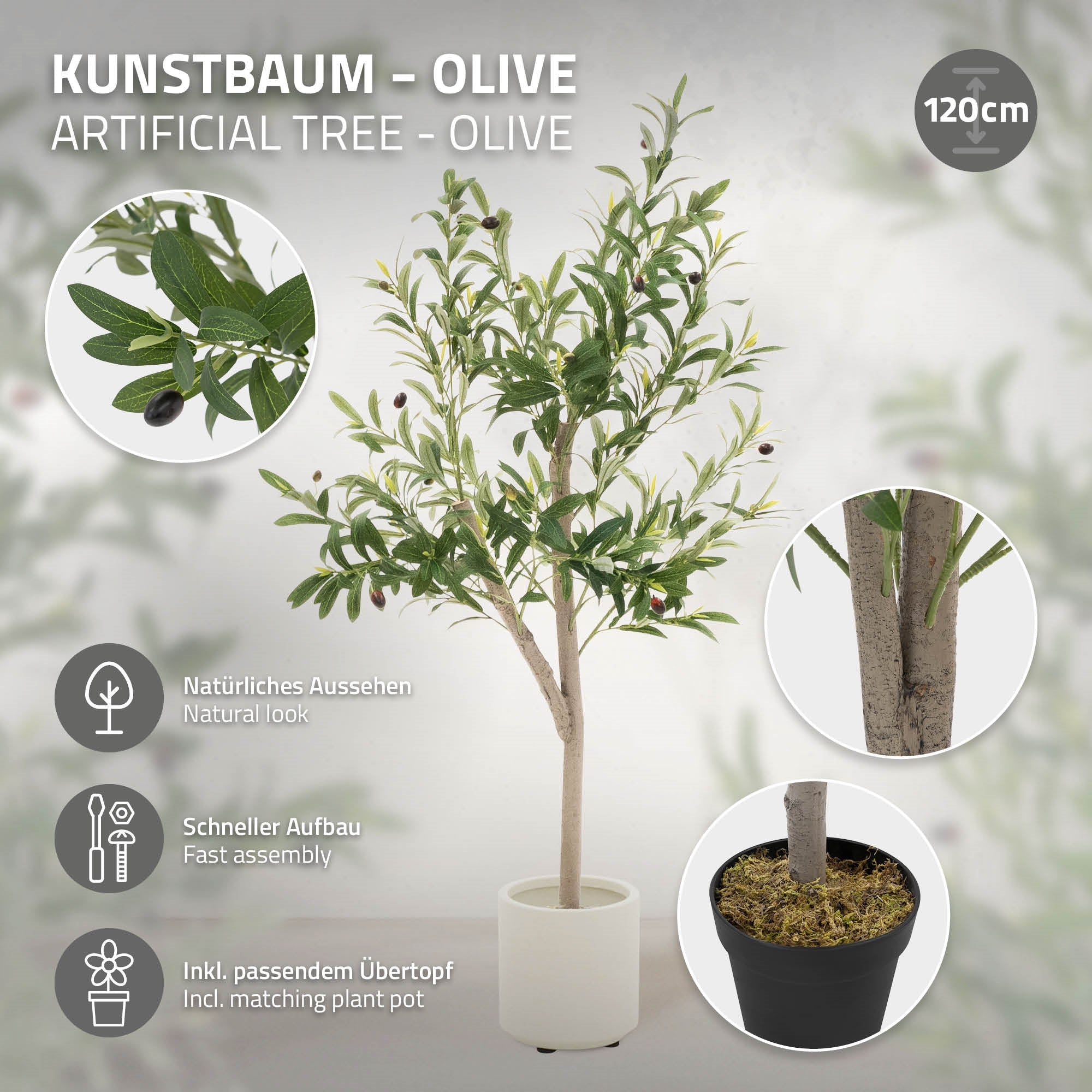 Kunsttræ med oliven, der står i en hvid potte, på en grå bund.