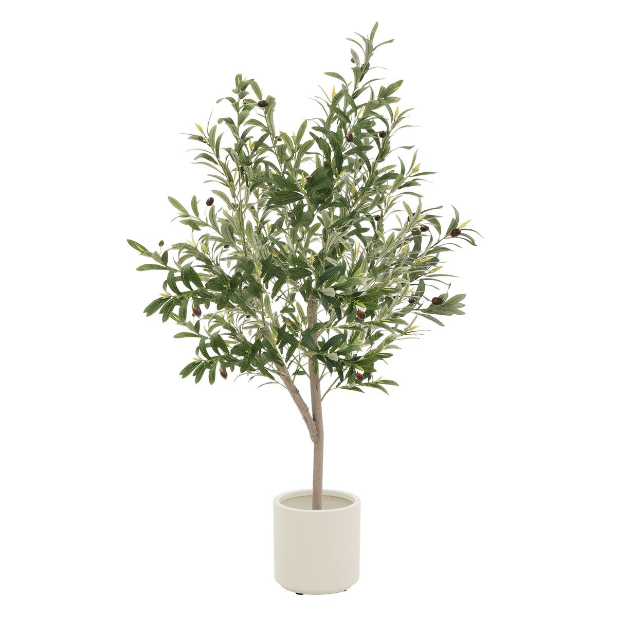 Kunstbaum in einem weißen Topf, vor weißem Hintergrund.