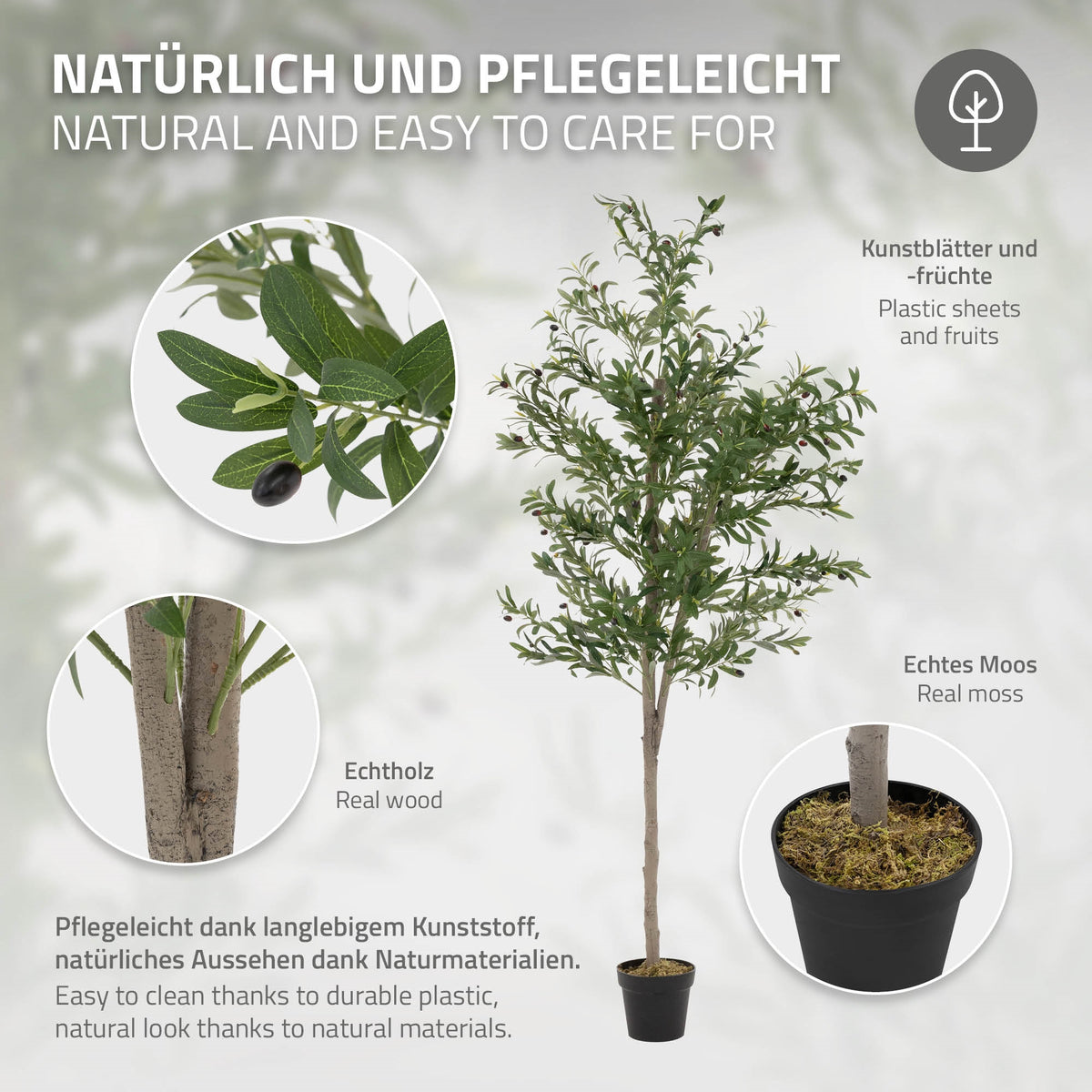 Umělý strom z přírodních materiálů a pokyny k údržbě.