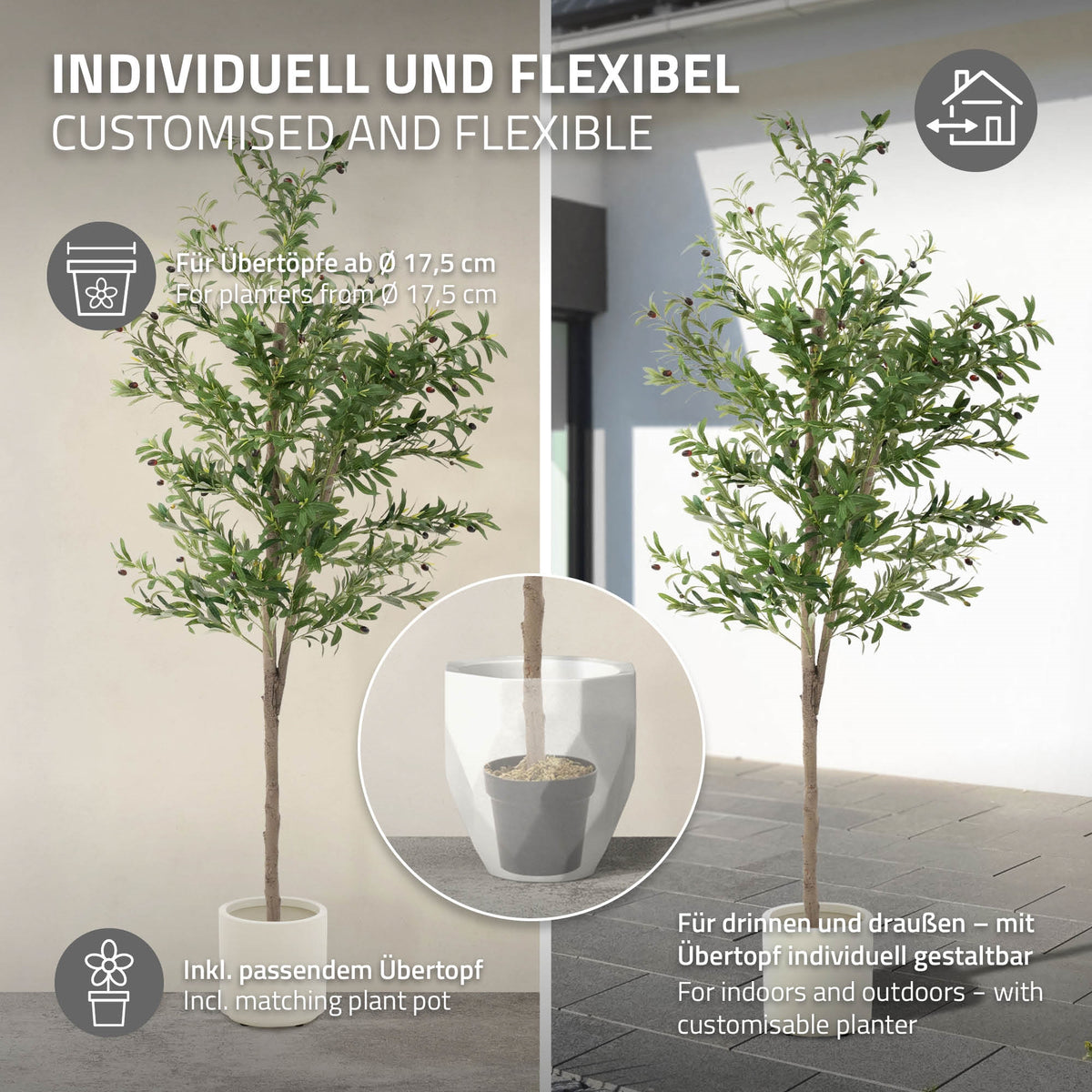 Umělý strom v bílém květináči, flexibilní pro vnitřní a venkovní použití.