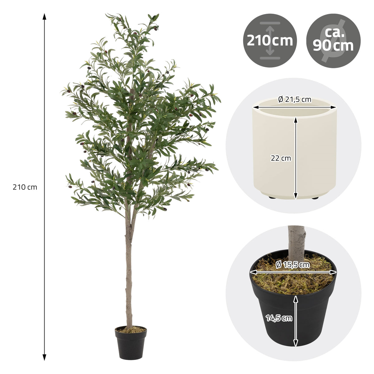 Umělý strom s výškou 210 cm a průměrem květináče 21,5 cm.